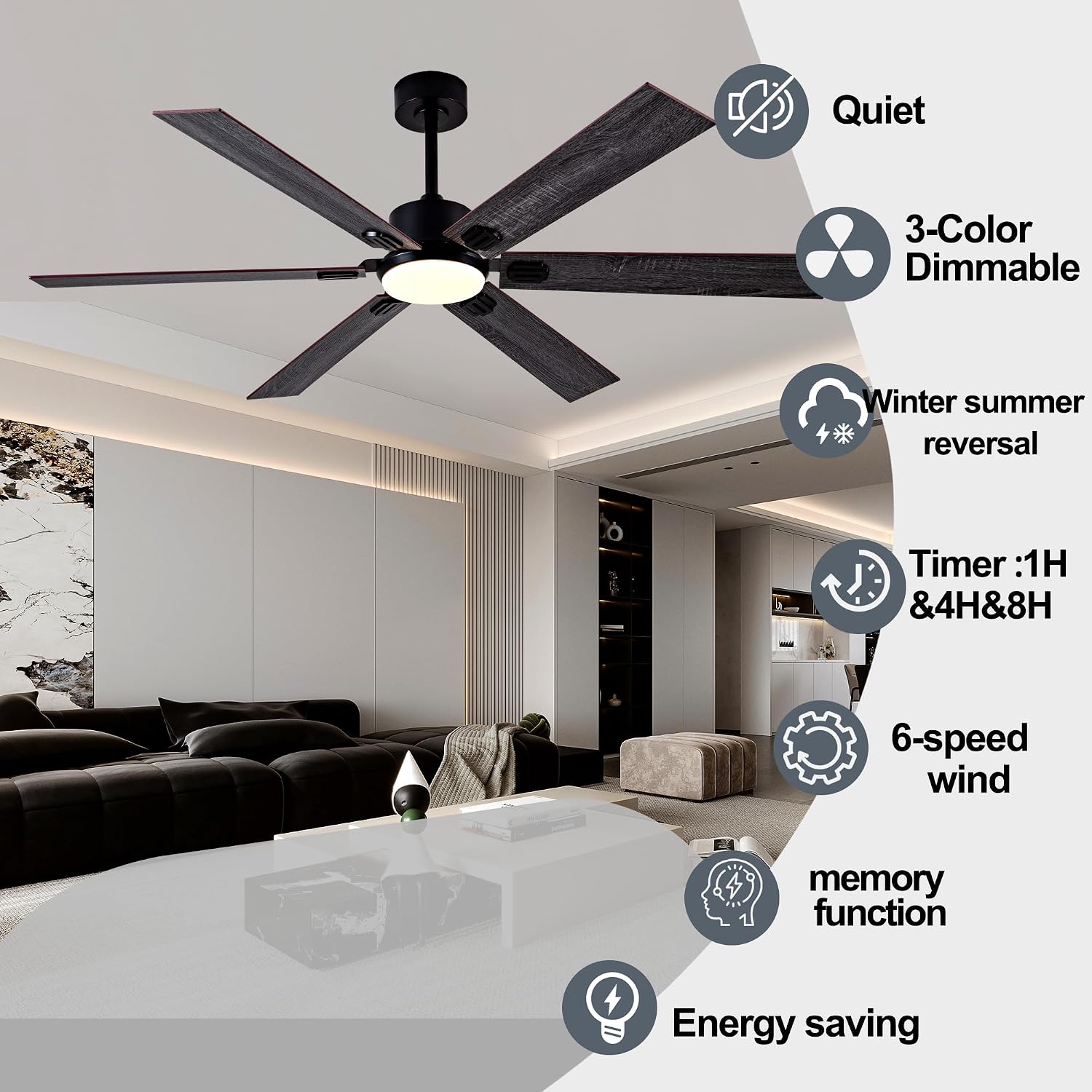 60 Inch Ceiling Fans with Lights and Remote Control, Black Indoor/Outdoor Ceiling Fan with 35W 3CCT Dimmable LED Light - 6 Speed Quiet Reversible DC Motor,6 Blades for Large Bedroom Living Room Patio