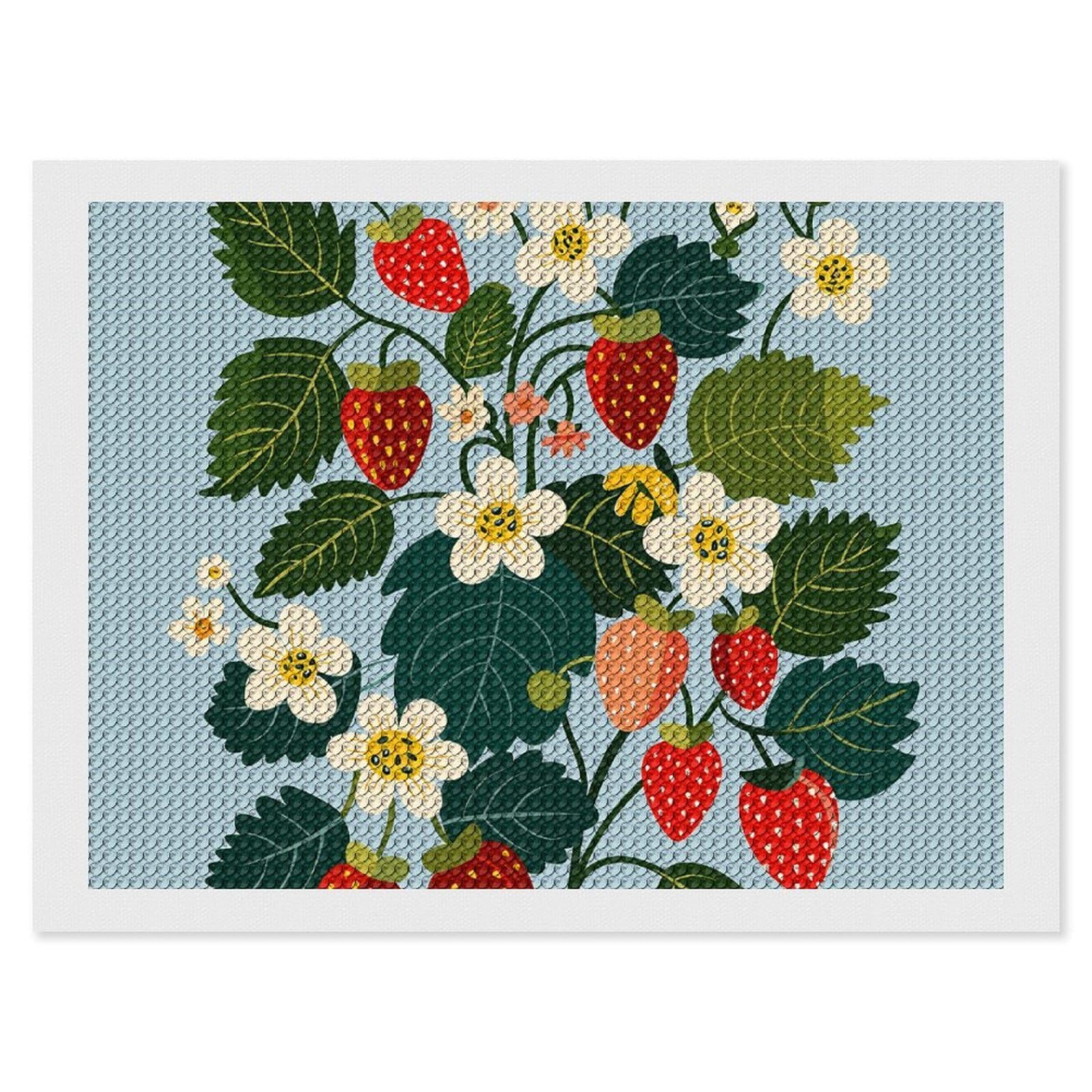 Strawberries and Flowers Diamond Painting Kits for Adults, DIY 5D Diamond Painting Kits for Beginners, Round Full Drill Diamond Dots Paintings, Diamonds Pictures Gem Art for Crafts Home Decor 12"x16"