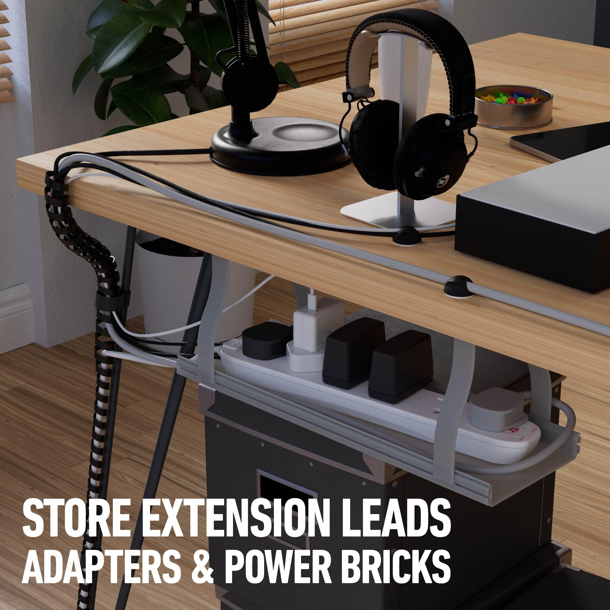 D-Line Desk Cable Organiser Kit, Under Desk Cable Management Tray with Spiral Wrap, Cable Tidy Band & Cable Clips - Image 3
