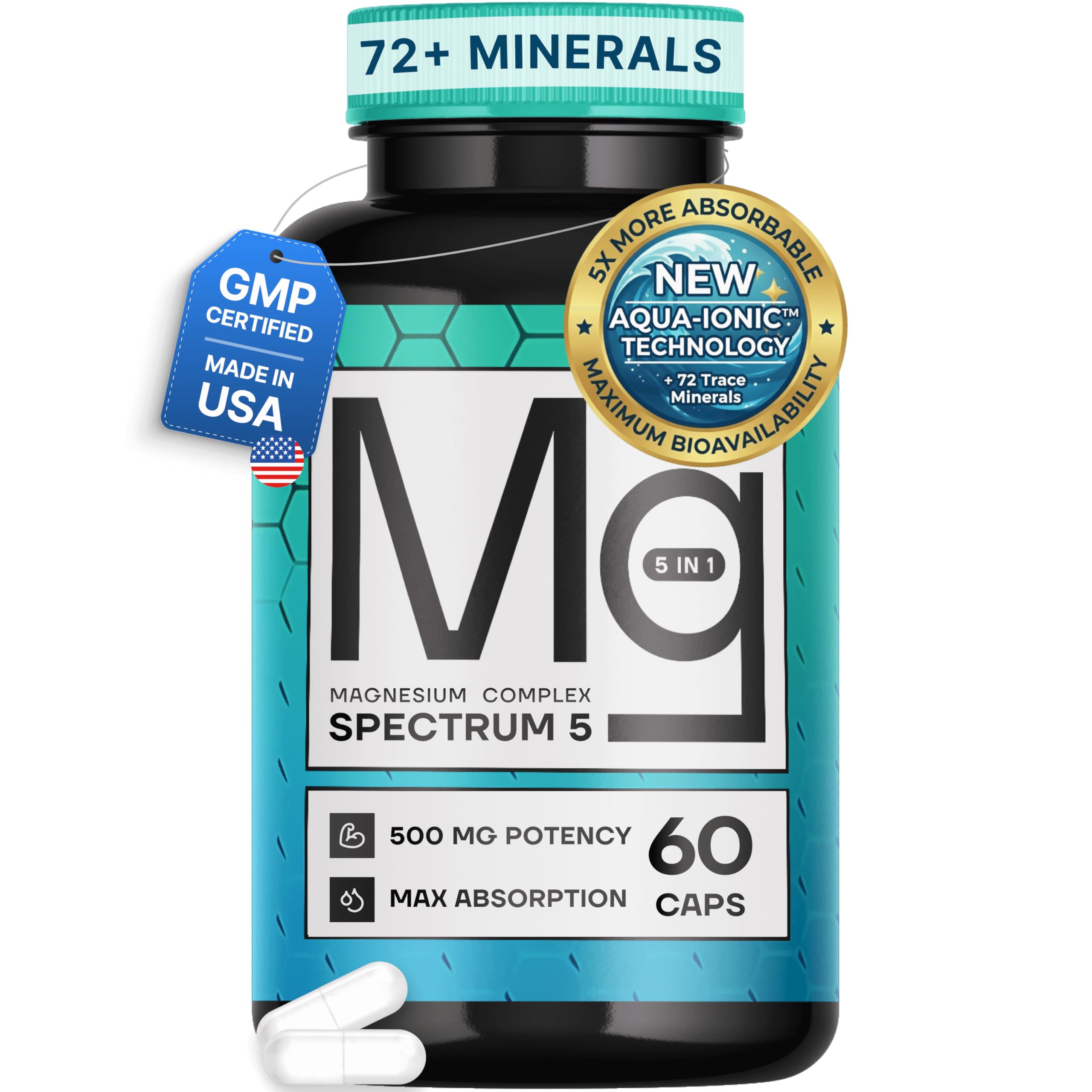 Spectrum 5 Magnesium Complex for Women & Men | Patented Aqua-Ionic® 5X Absorption Technology | 500mg Glycinate, Citrate, Malate + 72 Trace Minerals | Deep Sleep, Leg Cramp Relief & Calm | Non-Laxative