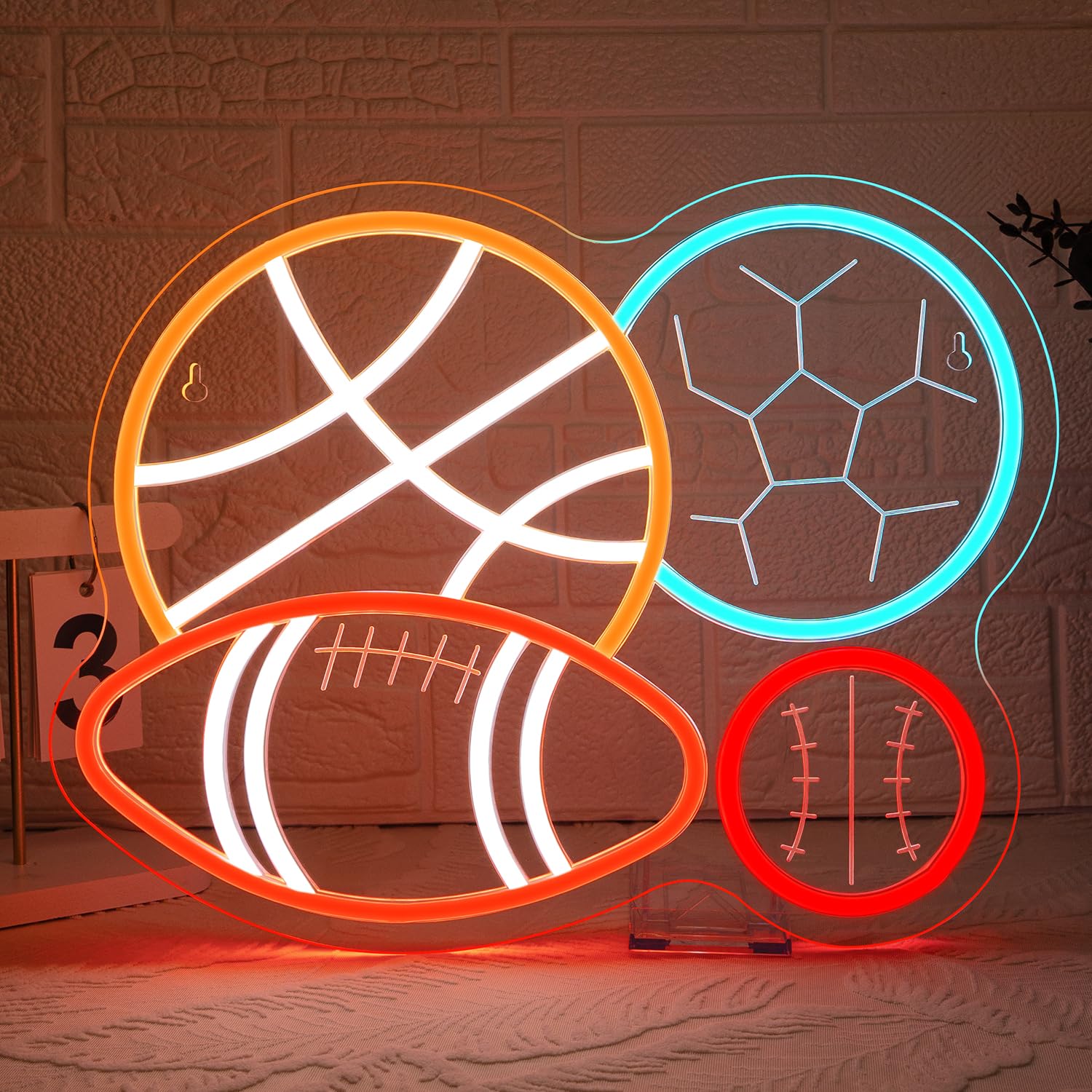Looklight Neonowy znak świetlny, piłka nożna, koszykówka, baseball, piłka nożna, znak LED, 4 piłki, neonowe znaki na ścianę, podświetlany znak LED, do pokoju zabawek, sypialni, prezent dla entuzjastów