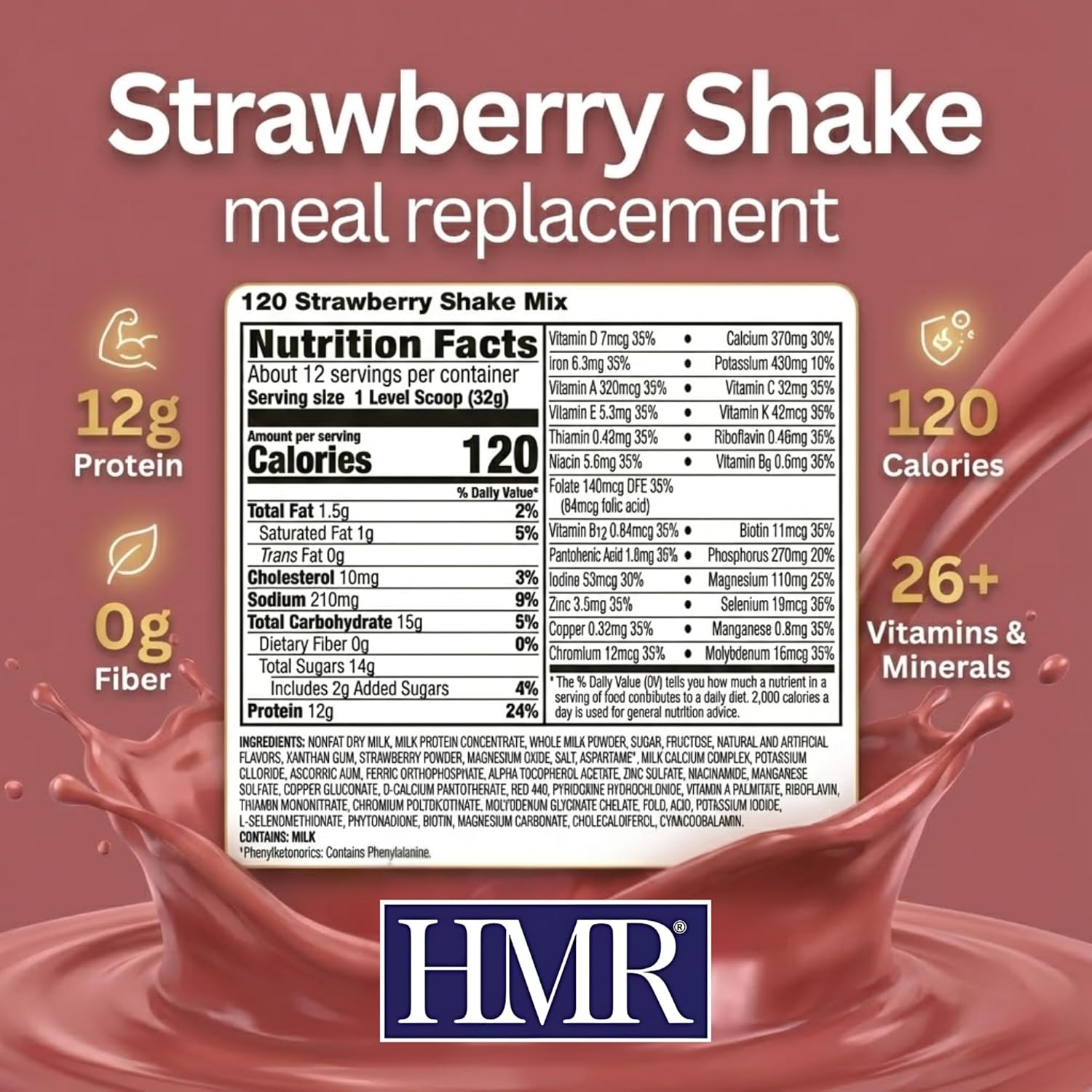 HMR 120 Shake Meal Replacement Powder | Strawberry Shake Mix to Support Healthy Weight Loss | 12g of Protein | Nutritional Drink | Low Calorie Food | 12 Servings