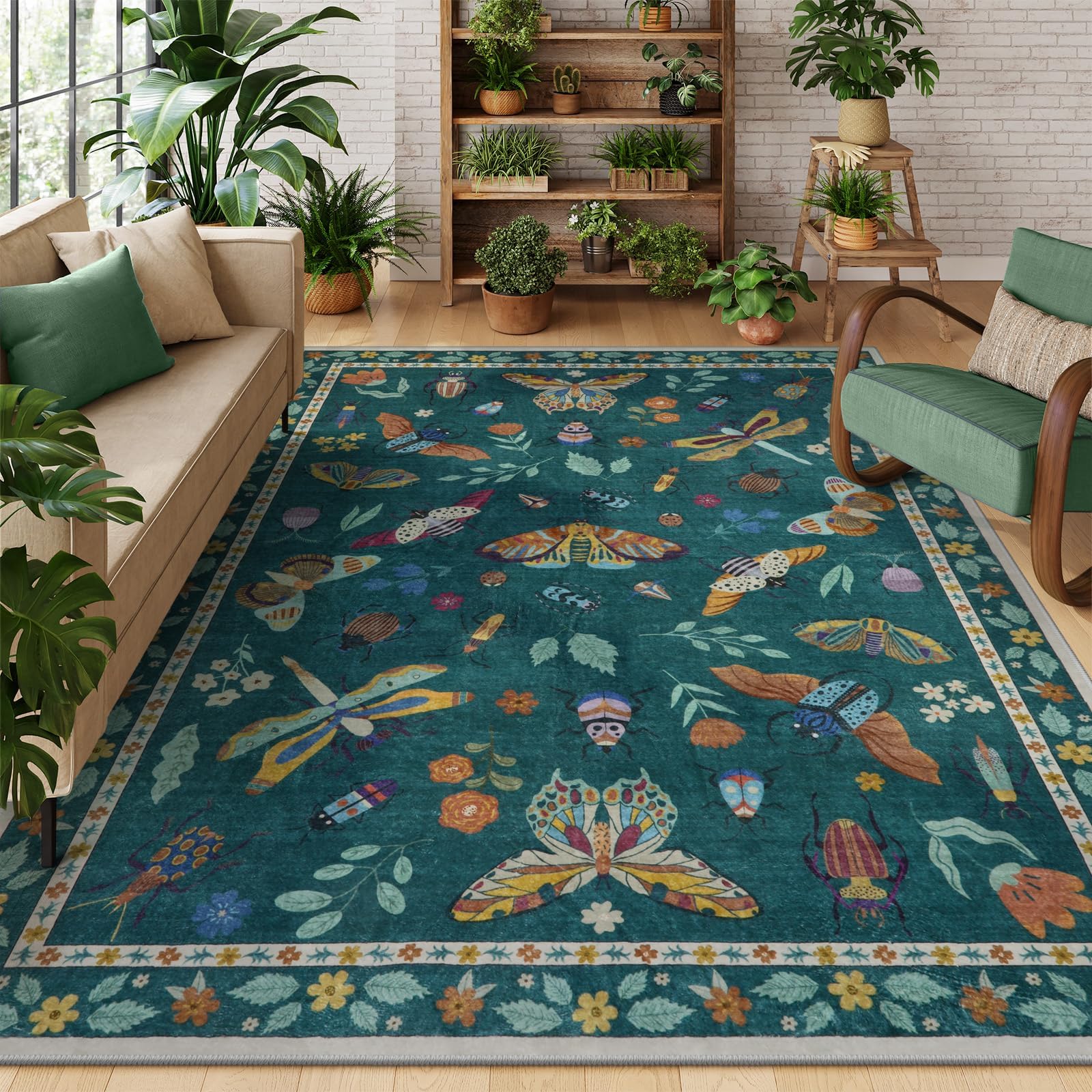 Insect Rugs for Living Room Soft Washable Rugs for Bedroom Ultra Thin Non-Slip Modern Stain Resistant Rugs for Office Nursery Dining Room (5x6ft, Dark Green)
