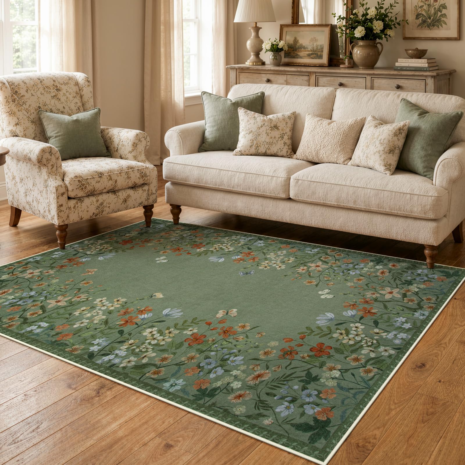 Photo 1 of Wonnitar 4x6 Washable Area Rug, Green Floral Rug for Living Room, Boho Rug for Bedroom, Non Slip Ultra Thin Entryway Carpet, Farmhouse Kitchen Home Office Decor (4x6 Green)
