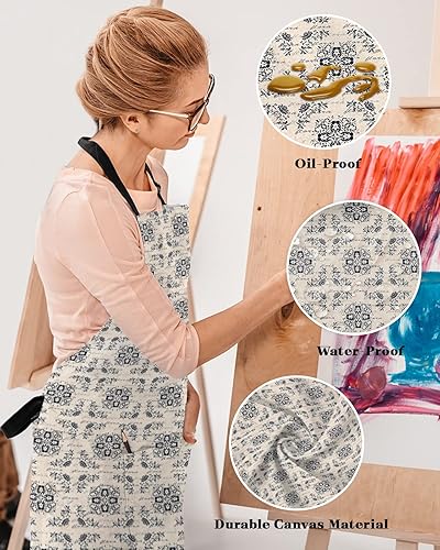 Miniatura 4 de Waterproof Apron with 2 Pockets, Vintage Middle Agesl Floral Text Pattern Adjustable Man and Women Kitchen Bib Apron for Baking Cooking Restaurant