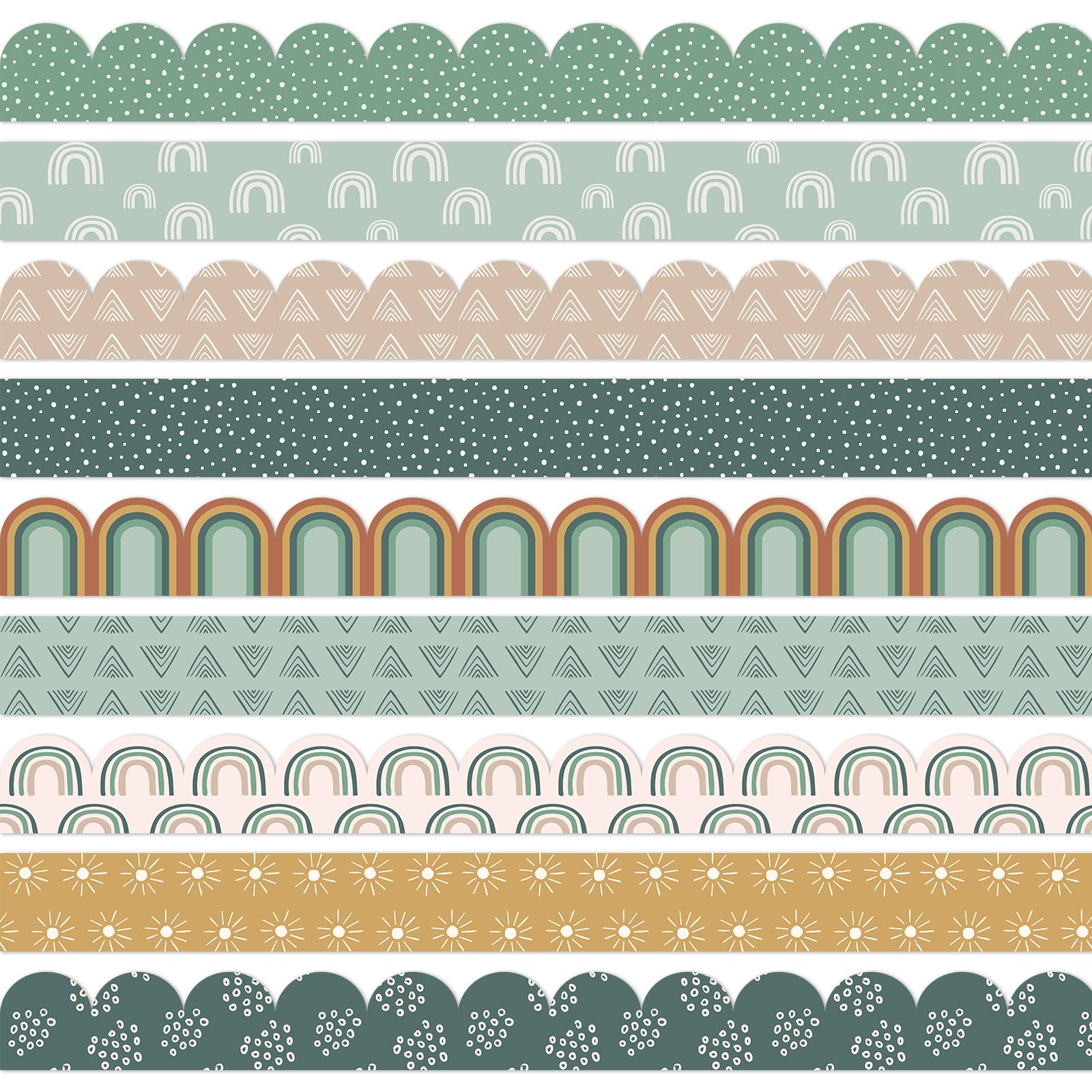 JarThenaAMCS 82Ft Modern Boho Bulletin Board Borders Green Rainbow Sun Dot Self-Adhesive Border Trim for Boho Party School Classroom Office Decoration