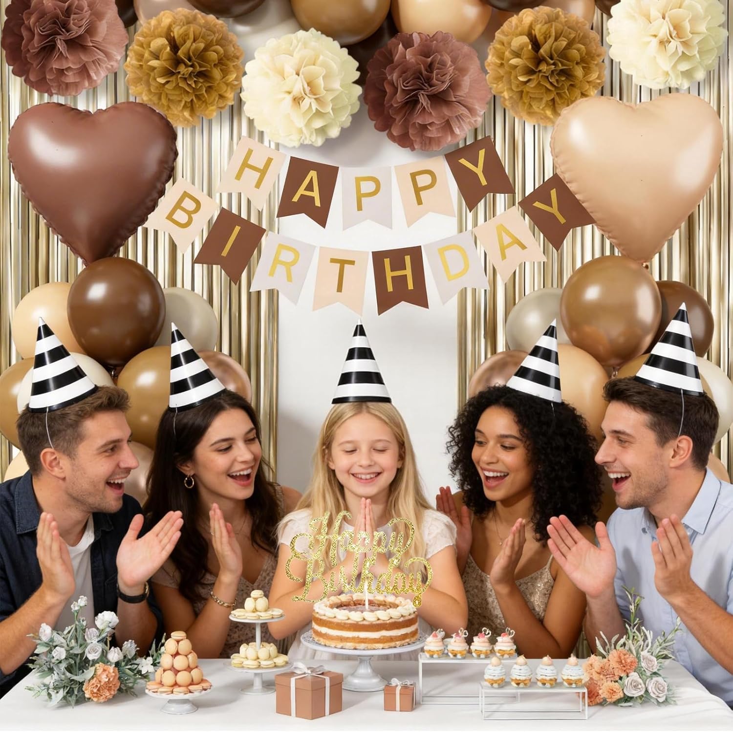 Brown Birthday Decorations, Tan Beige Cream Neutral Boho Balloons Happy Birthday Banner Fringe Curtain Heart Foil Balloons for Women Boys Girls Boho Baby Shower Bachelorette Party Decoration Supplies