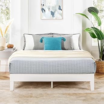 Mellow Naturalista Classic 12 Inch Solid Wood Platform Bed with Wooden Slats, Queen, White Wash