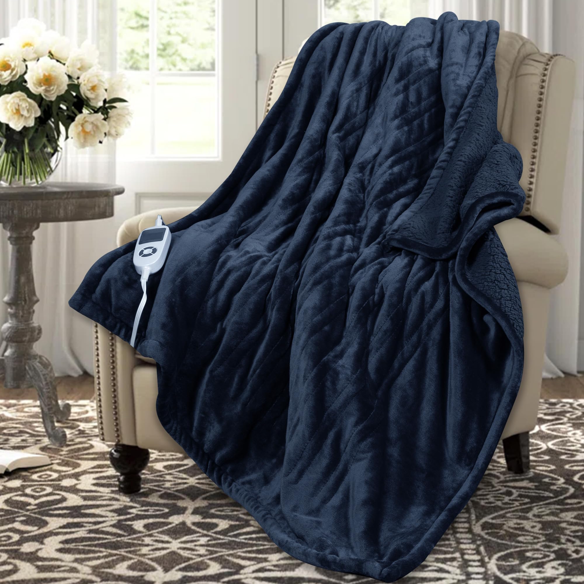 DAILYLIFE Electric Blanket, 50"x60" Heated Throw with 10 Heat Settings and 10 Hours Timer, Stripe & Sherpa Electric Throw, Machine Washable, (Deep Blue, 50" x 60", Sherpa)