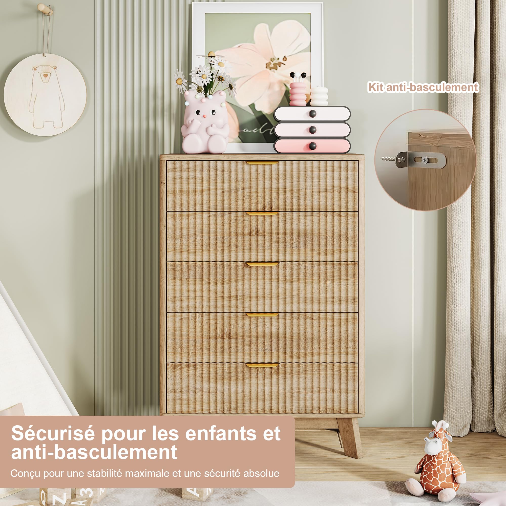 Commode Rangement en Bois, Chiffonnier 5 tiroirs avec antichute et Pieds surélevés, Meuble 40 cm de Profondeur pour Chambre, Entrée, Salon, Bureau, 73x40x108 cm
