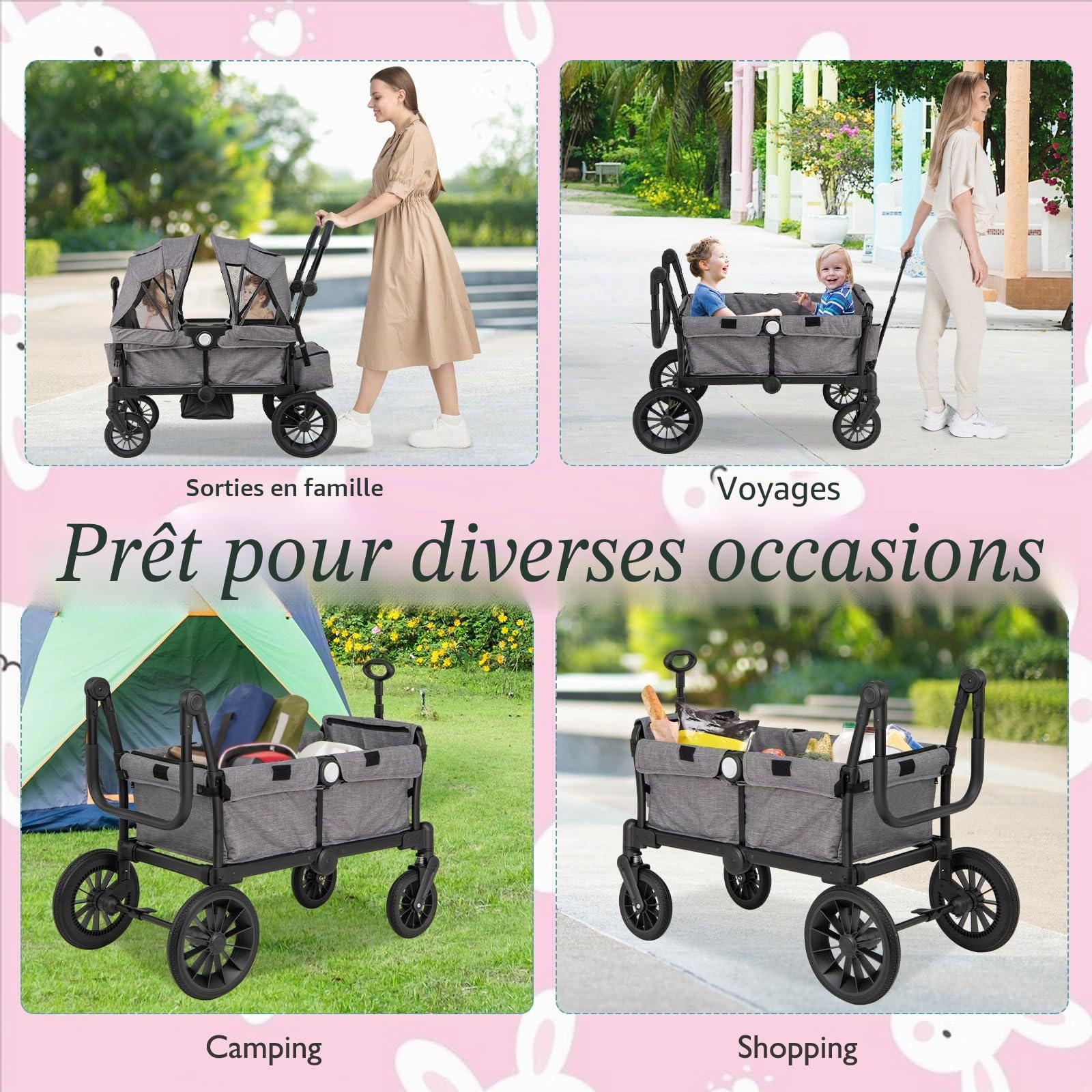 LIFEZEAL Chariot porte-2 enfants 6 + mois, chariot poussé, poussé, poussette, poussette de voyage, pliable, réglable, portable, avec toit, roues, sac à couches, max 50 kg (Gris)