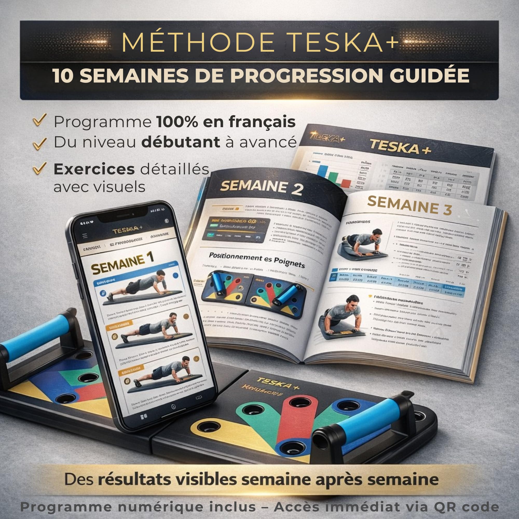 TESKA+ Planche À Pompes 22 En 1 Push Up Board Programme Musculation 10 Semaines En Français Renforcement Musculaire Maison Poignées Antidérapantes Sport Tous Niveaux