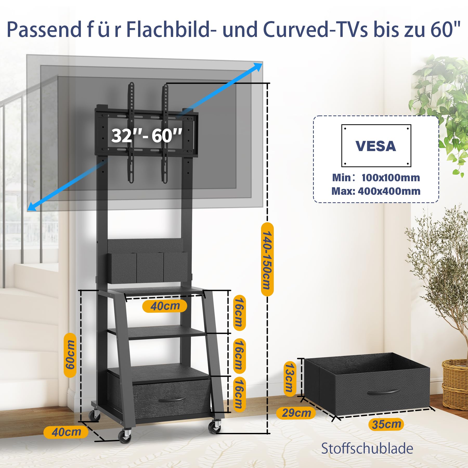Rollbarer TV-Ständer mit Schublade & 3 Ablageflächen für 23"-60" Flach/Curved TV bis 723kg (LCD/LED/OLED), Chariot de TV Mobile, für Zuhause, Büro und Außenbereich, max VESA 400x400 mm, Schwarz