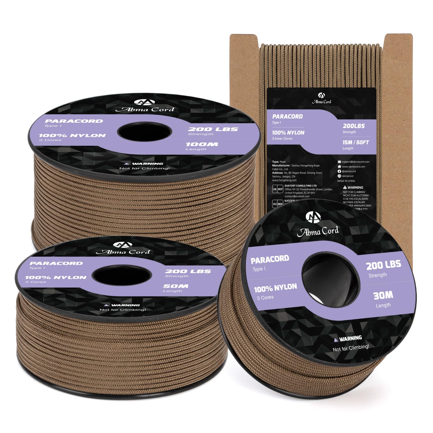 Abma Cord 2mm Paracord 100m Nylon Rope 3 Strands Type I Cord for DIY, Camping, Outdoor - Max. 90kg (200lbs) - Mud Brown