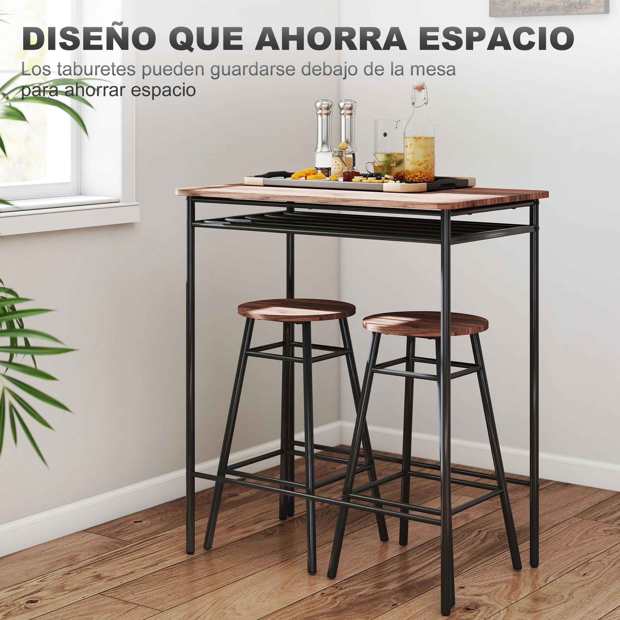 HOMCOM Juego de Mesa y Taburetes de Bar, Mesa Alta de Cocina con 2 Taburetes Industrial, Estante Abierto, Reposapiés, Ahorro de Espacio, para Espacios Reducidos, Comedor, Salón, Marrón