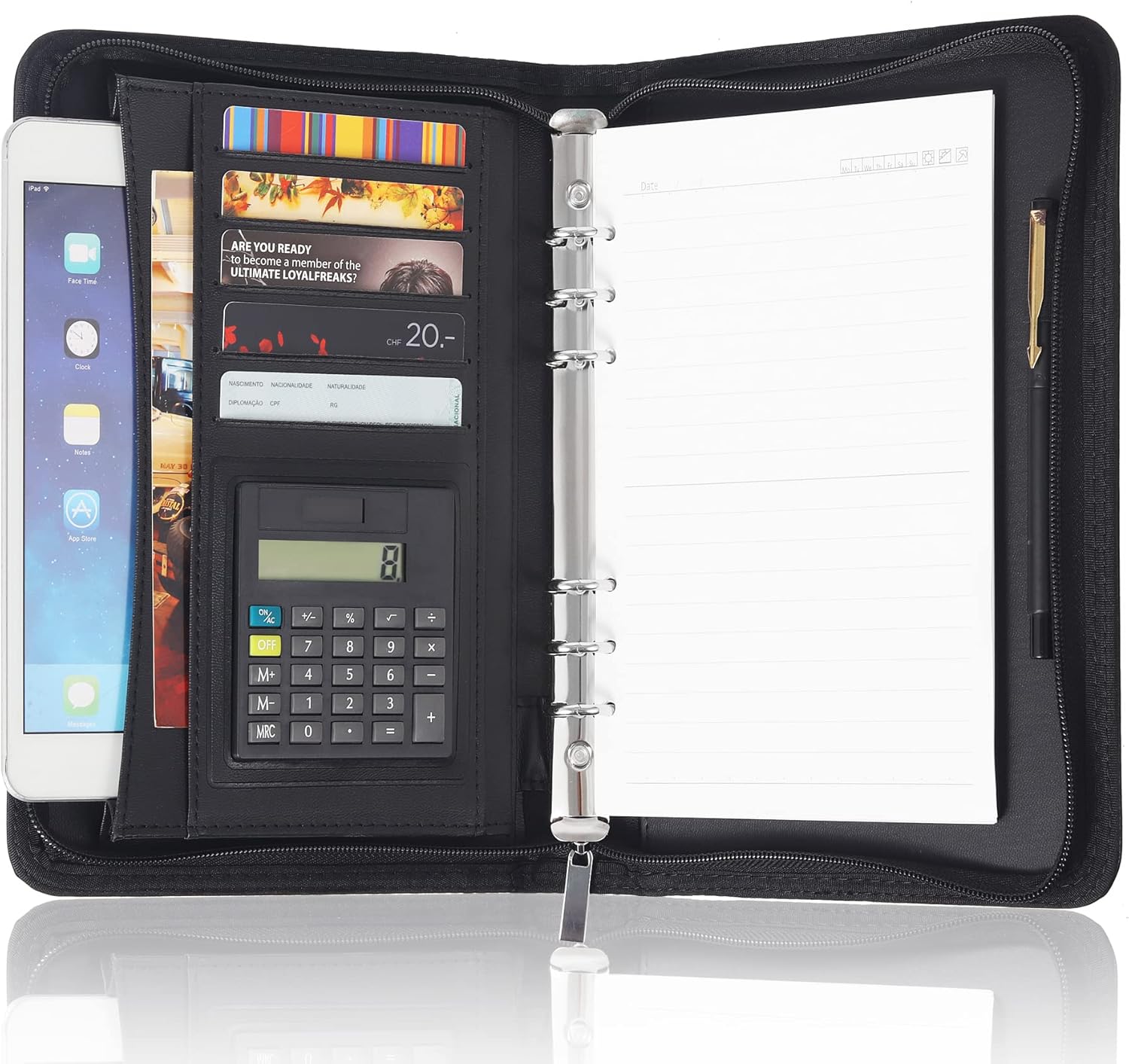 Zippered Leather Business Portfolio, Black Professional Executive PU Leather Business Portfolio Notebook for Men or Women with Calculator, Pockets for Cards and Tablet and Pen Holder : Office Products