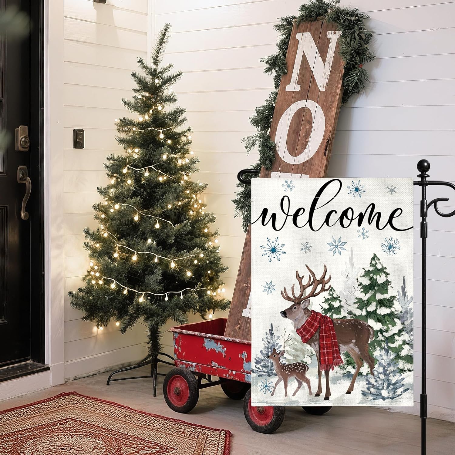 Artscope Welcome Reindeer Christmas Tree Garden Flag 12x18 Inch Double Sided, Seasonal Outdoor Winter Xmas Flag for Yard Farmhouse Holiday Decoration-Beige - Image 5
