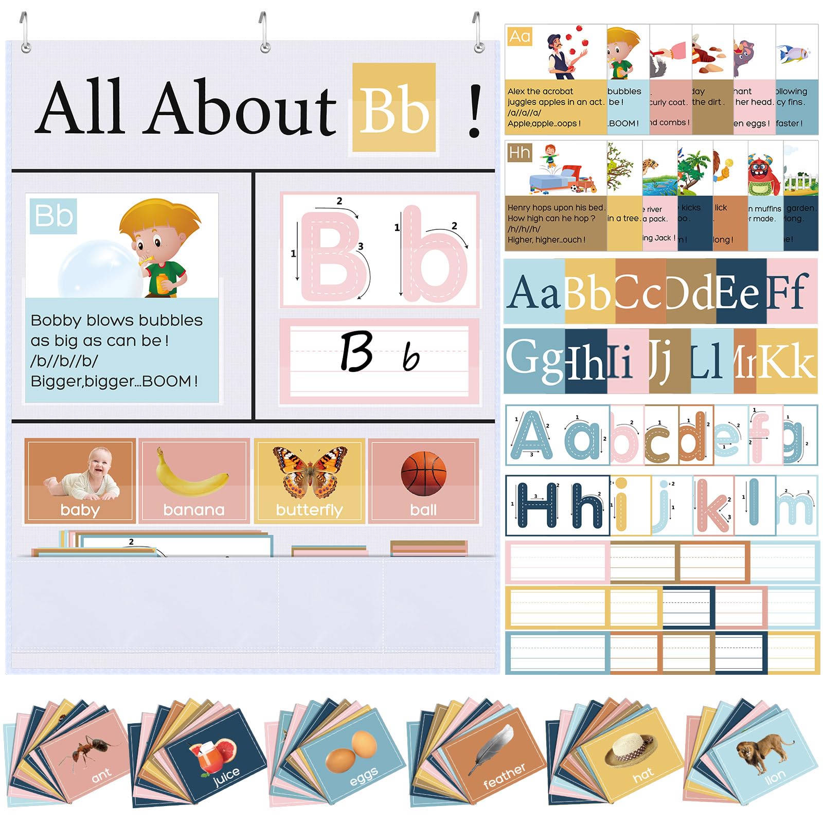 Blosssound 34" x 27" All About Letter Pocket Chart 103 ABC Flash Cards Letter of The Day Week Chart Alphabet Tracing Learning Educational Wall Poster Preschool Homeschool Learning Activities (White)