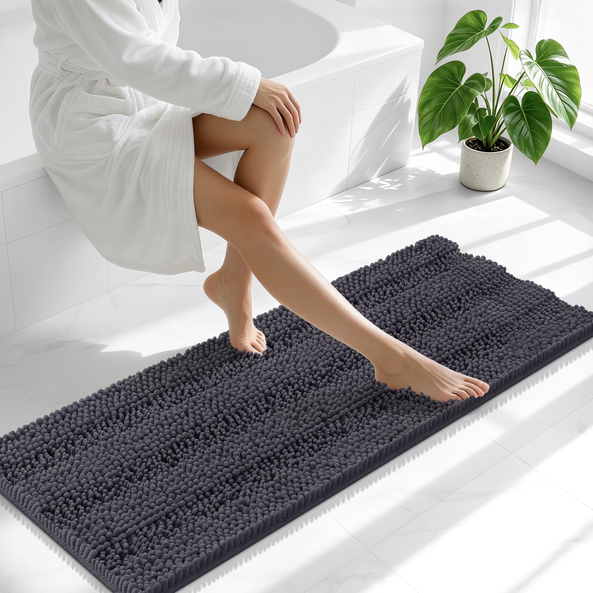 Smiry Thick Chenille Bathroom Runner Rugs 47x17, Soft Bath Mat, Dark Grey