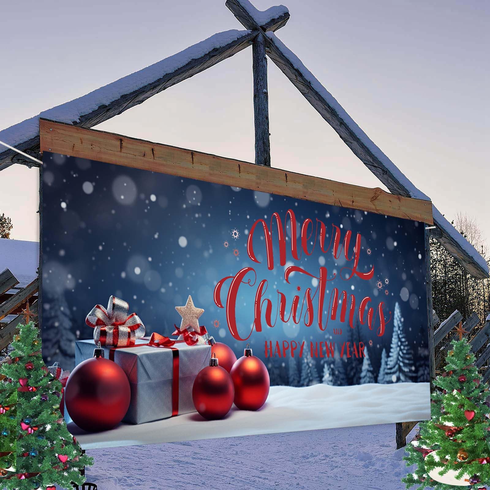 Letreros de Feliz Navidad para puerta de garaje, decoración de puerta de garaje de Navidad, cubierta mural, 7 x 16 pies, letrero grande para fiestas de vacaciones