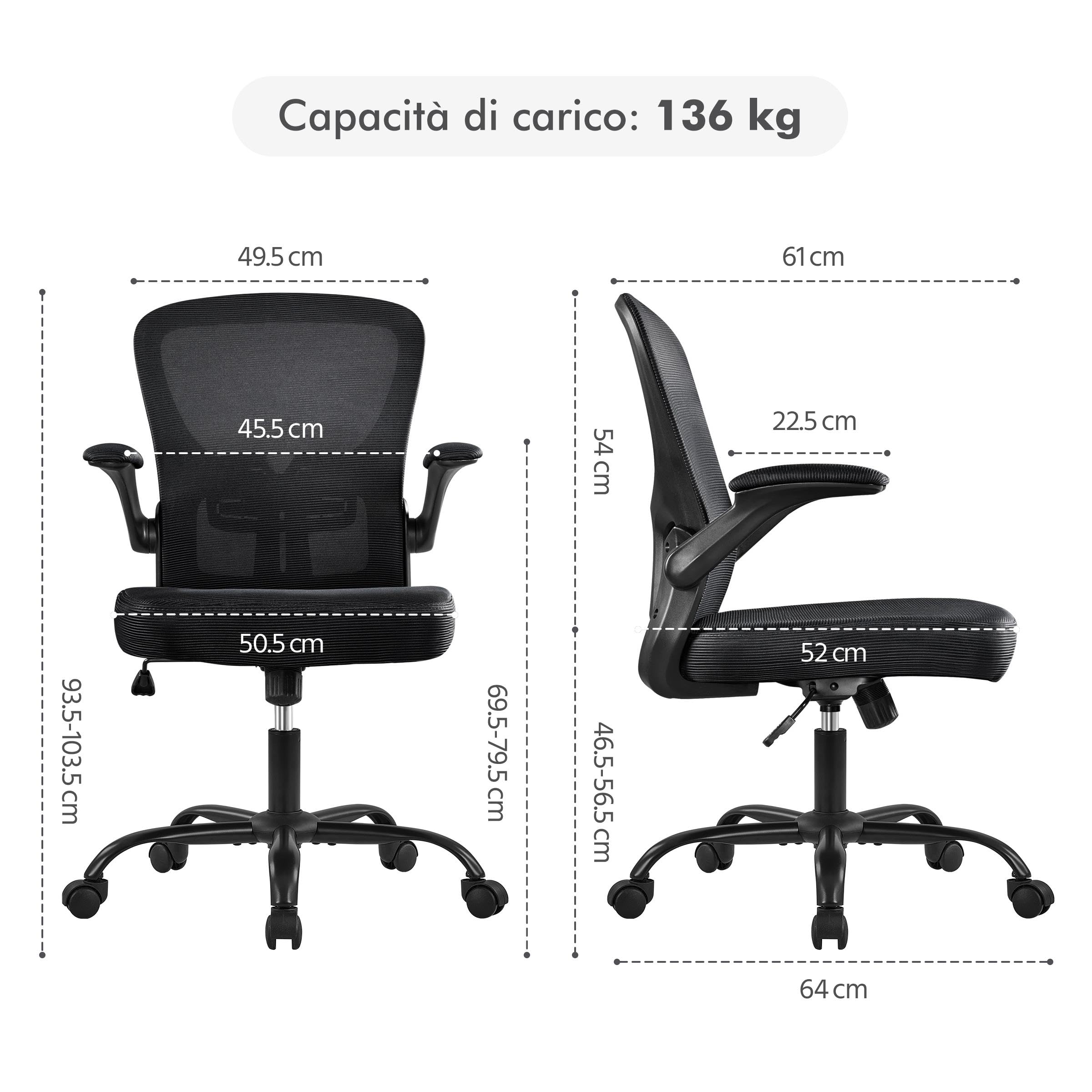 Sedia da Ufficio con Supporto Lombare, Sedia Scrivania Ergonomica con Braccioli Regolabili in Rete Traspirante, Altezza Regolabile e Schienale Inclinabile con Ruote Girevoli Nero