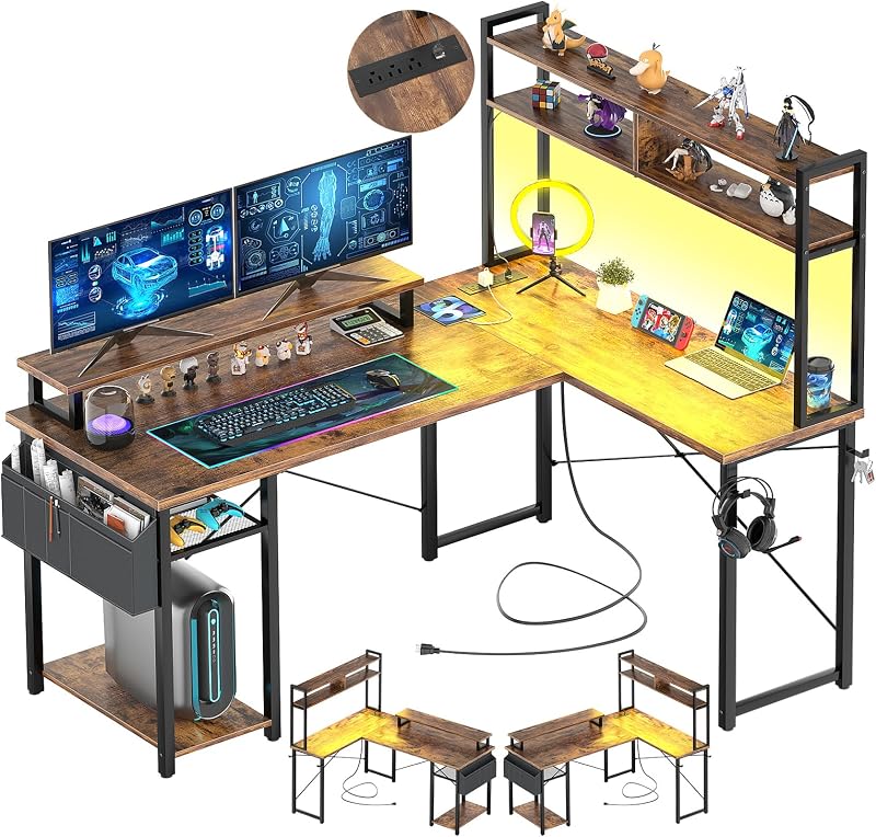 Aheaplus Small L Shaped Desk Gaming Desk with LED Lights & Power Outlets | Reversible L-Shaped Computer Desk with Monitor Stand & Shelf, Corner Desks Home Office Desk with Storage Bag, Rustic Brown