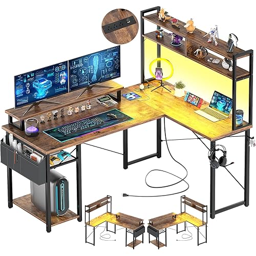 Aheaplus Small L Shaped Gaming Desk with LED Lights & Power Outlets, Reversible L-Shaped Computer Desk with Monitor Stand & Storage Shelf, Corner Desks Home Office Desk with Storage Bag, Rustic Brown