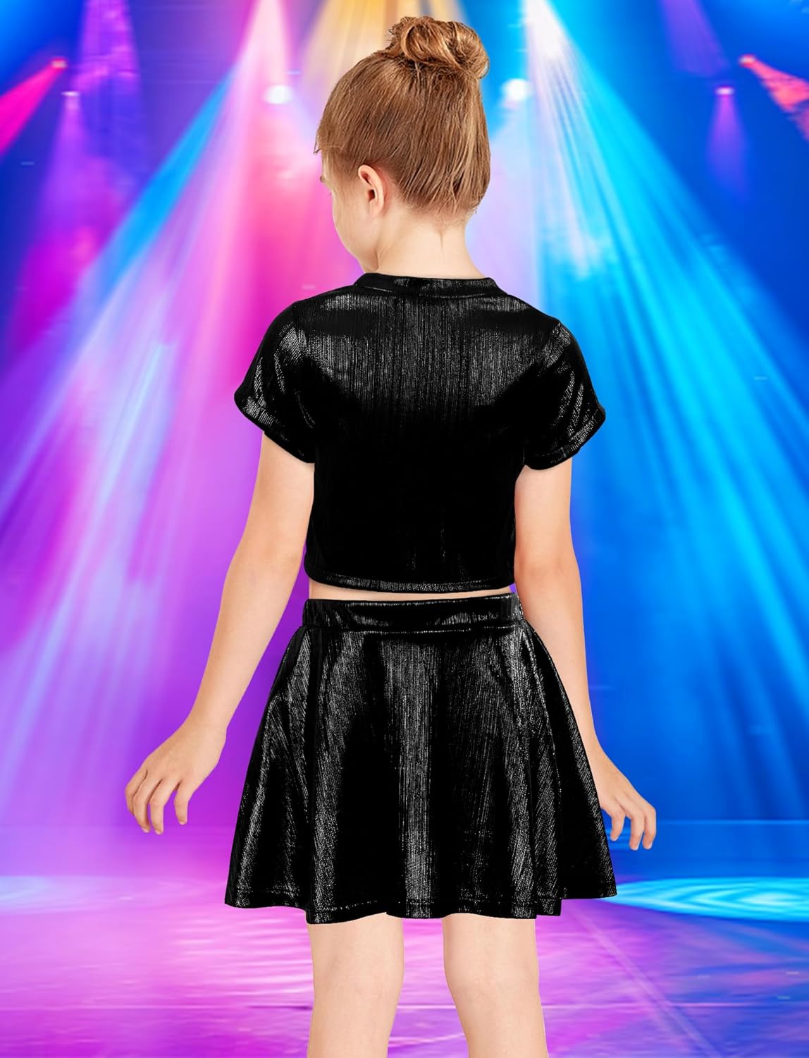 Happy Cherry Kid Girl Shiny Skirt and Top Set 2 Piece Texture Ribbed Metallic Disco Rave Cheer Outfit 4-12T