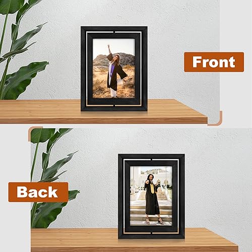 Miniatura 4 de Egofine Paquete de 2 portarretratos flotantes giratorios de 4 x 6, pantalla de doble cara con frente de vidrio HD, marco de madera envejecida para