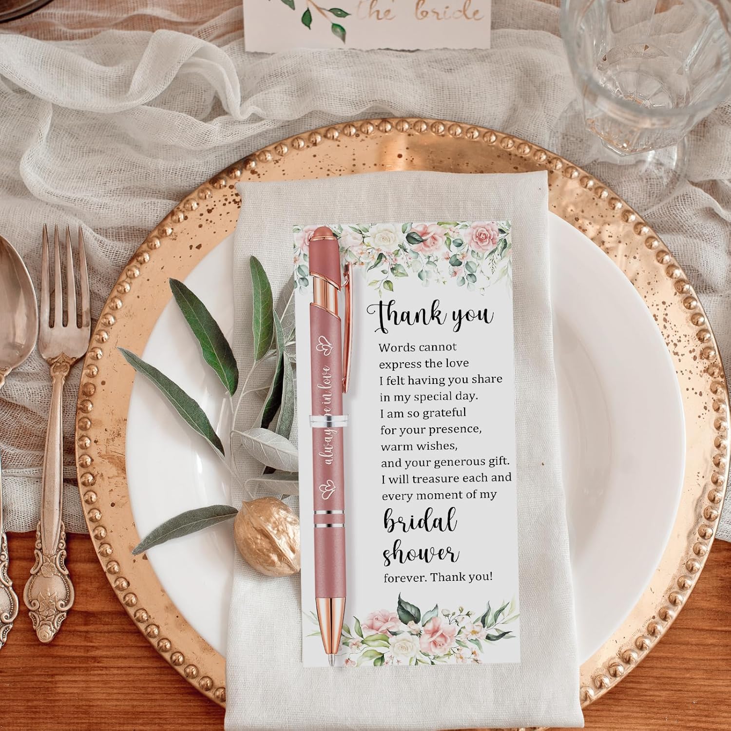 Chiisong 30 Set Bridal Shower Favors for Guests Wedding Rose Gold Pens Bulk with Thank You Cards Bridal Shower Retractable Ballpoint Pen for Guest Party Gifts Prizes Wedding Souvenirs
