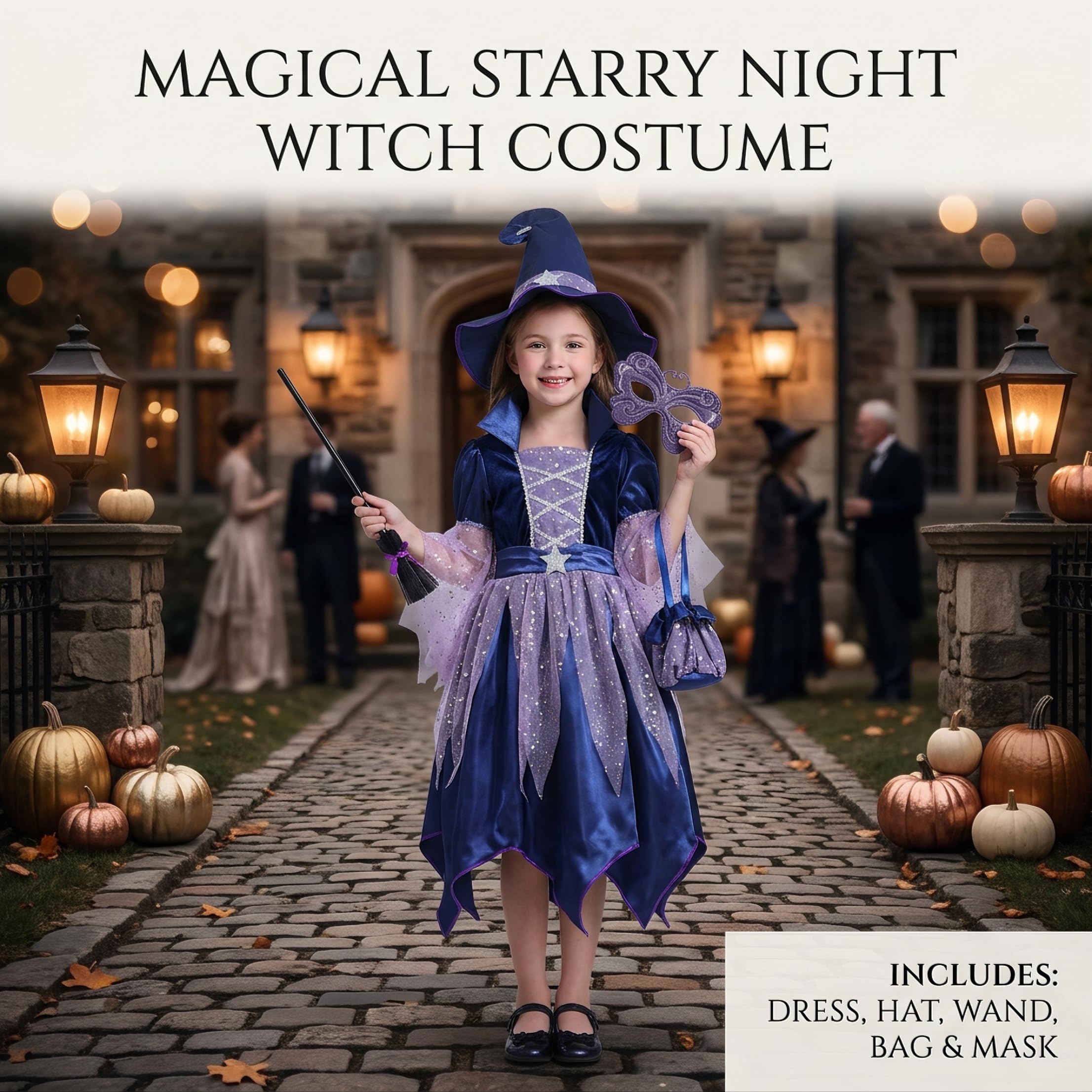 Costume da Strega per Bambini per Ragazza Costumi di Halloween in Velluto Glitterato con Rete, M