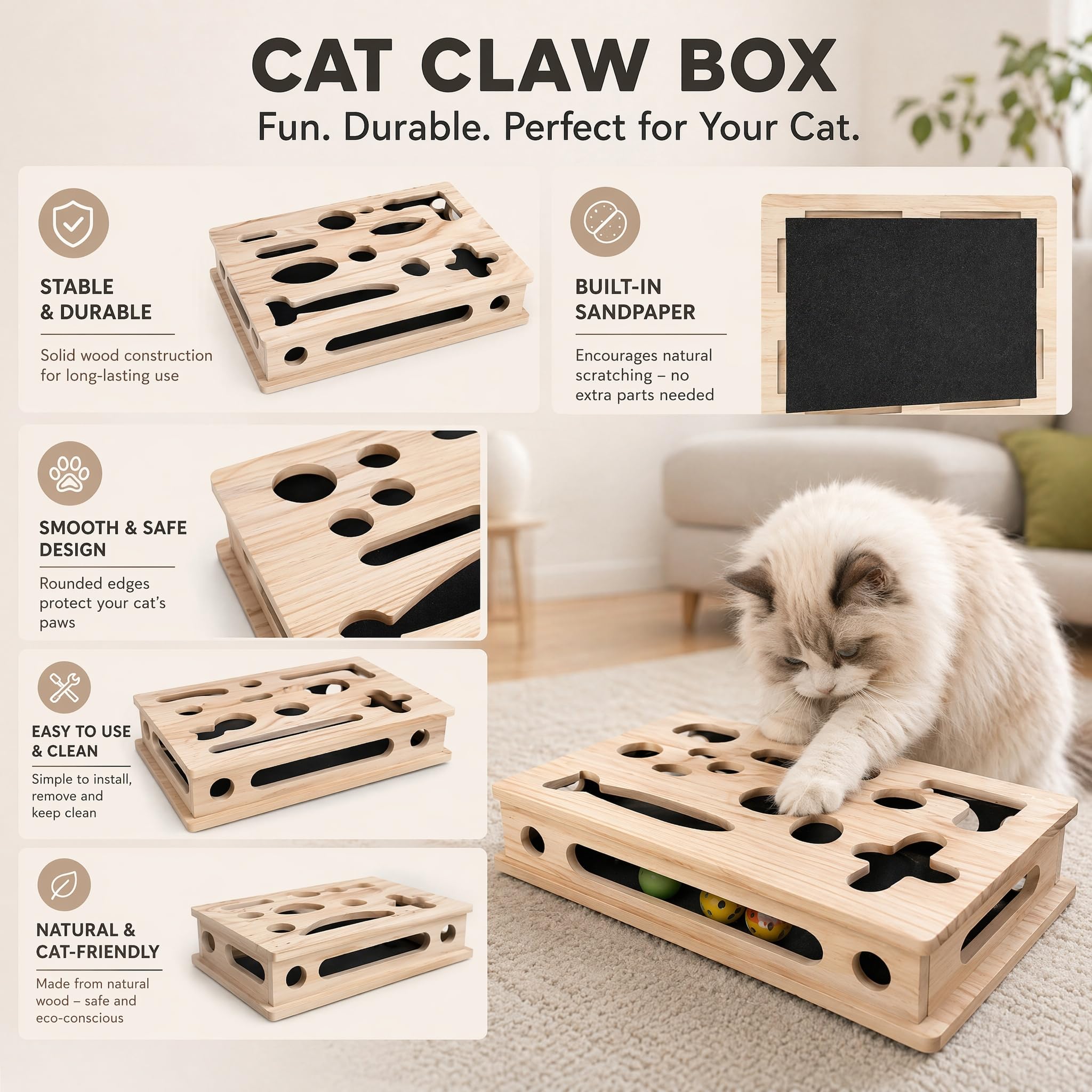 Kratzspielzeug Katzen mit Sandpapier, Interaktives Katzenspielzeug Cat Nail File Box, Holz Kratzbrett Selbstbeschäftigung Krallenpflege