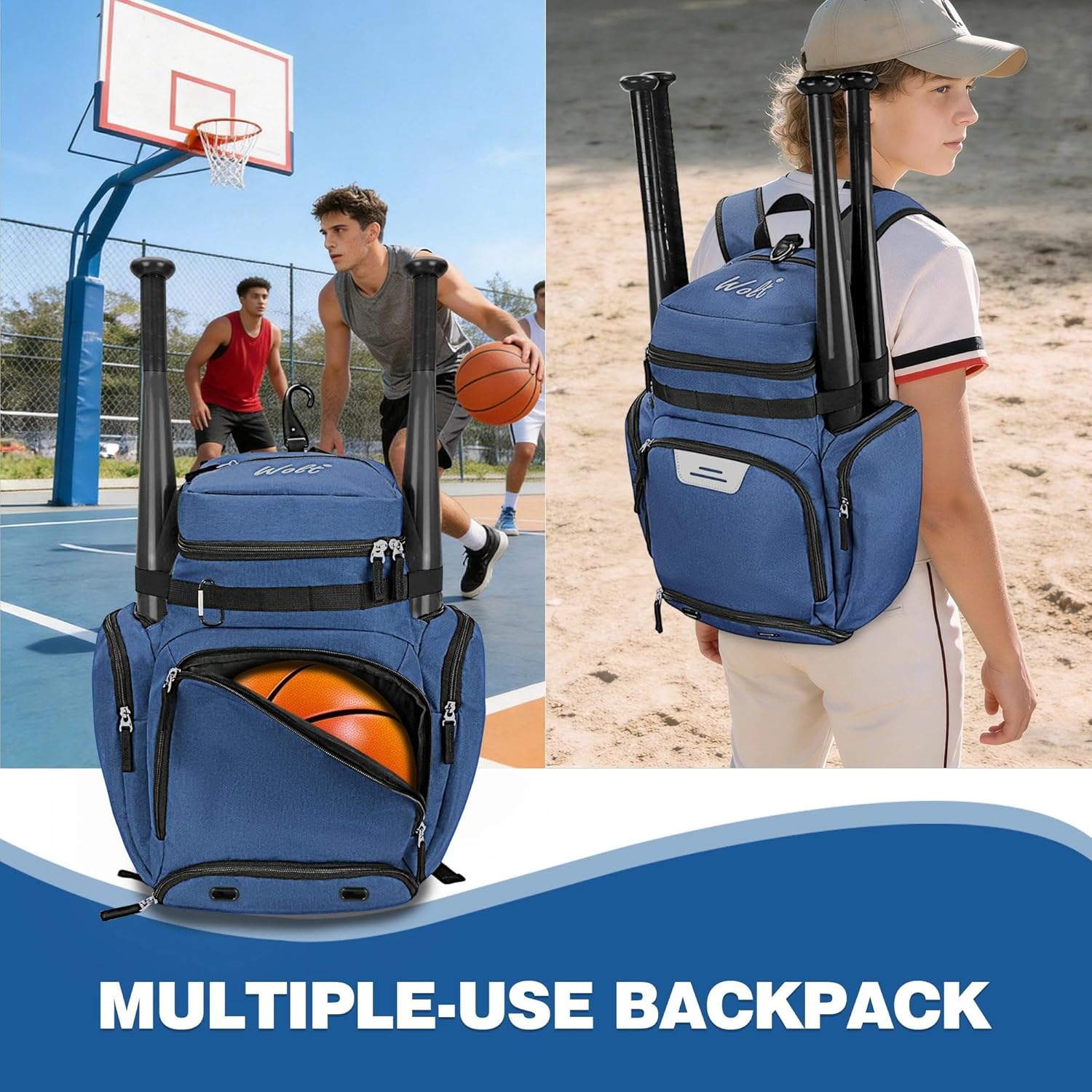 WOLT Youth Baseball Bag Softball Backpack, T-ball Backpack Baseball Bat Bag with Shoes Compartment, Fence Hook Fits Softball, Soccer, Basketball, Volleyball