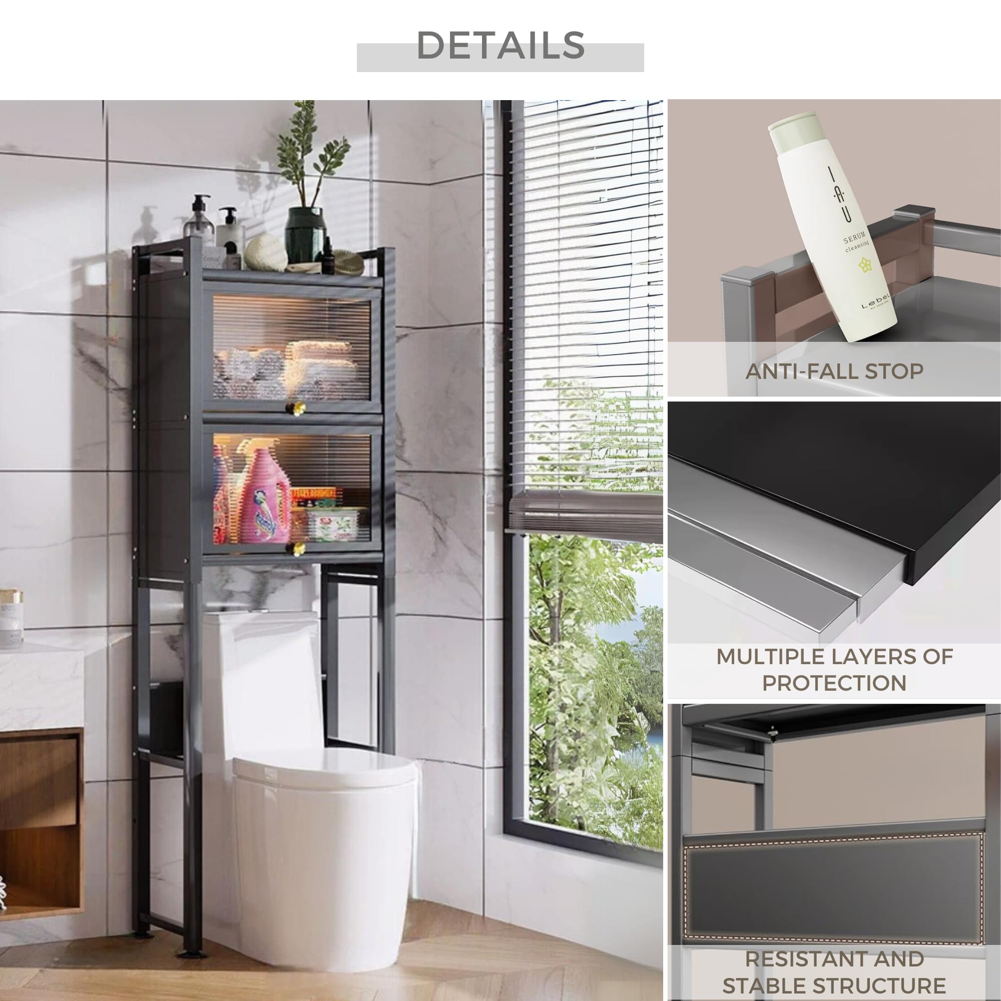MAGIC SELECT Estantería sobre Inodoro con Puertas Abatibles | Estante de WC Organizador Multiusos | Estantería de Almacenamiento de Baño | Ahorra Espacio con 3 Niveles | Patas Ajustables en Altura.