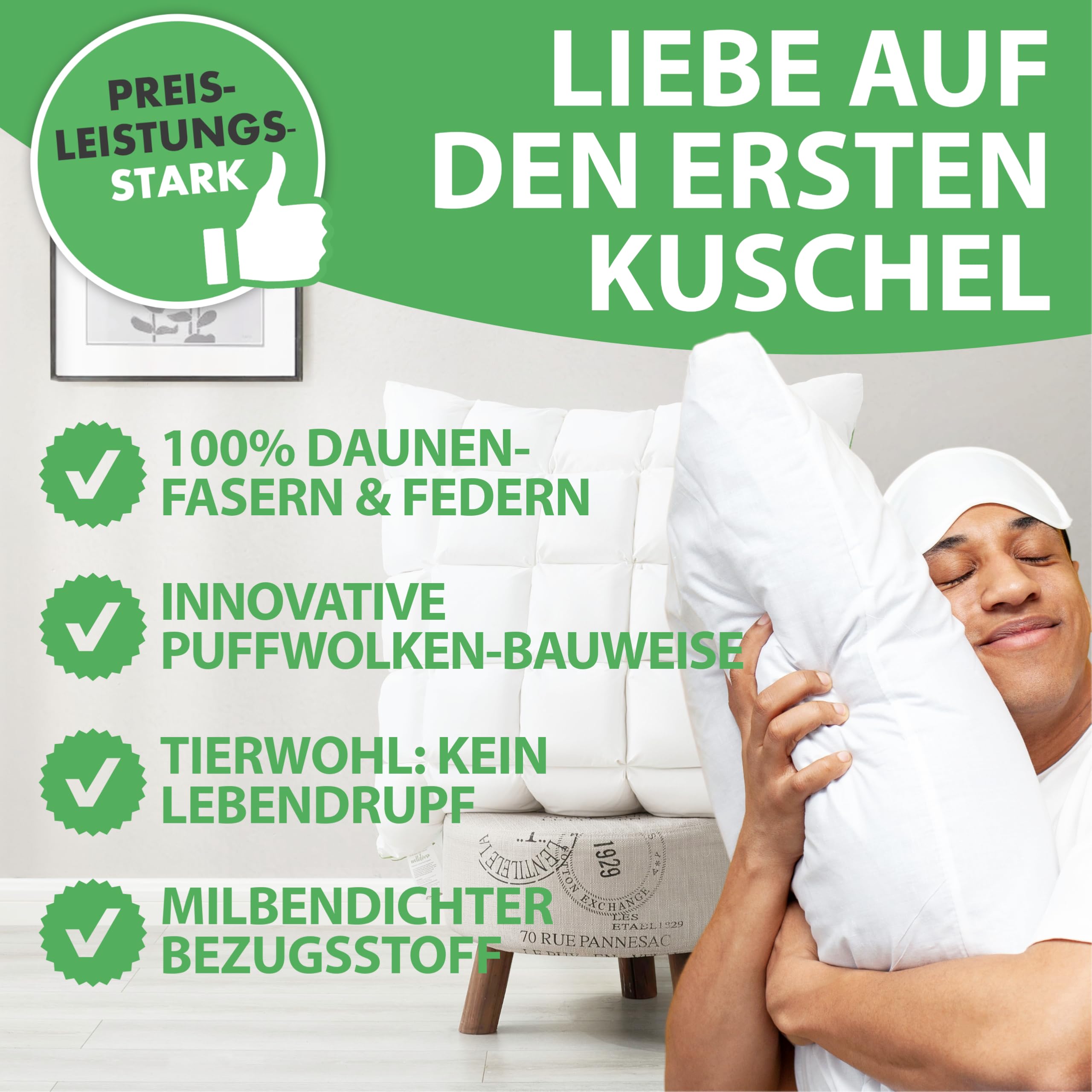 Welldora Premium Kopfkissen 40x80 | 100% Daunenfasern & Federn | Innovatives Puffwolken-Design für höchsten Komfort & Ergonomie | Mittelfestes Kissen fachärztl. geprüft, Oeko-Tex zert. in der Schweiz