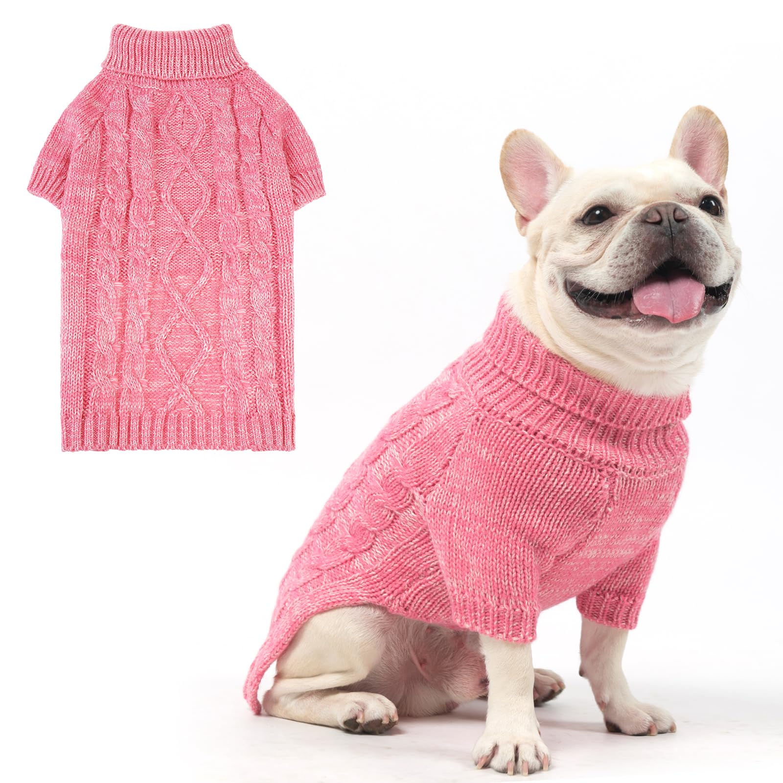 KOOLTAIL Thermal Knitted Dog Sweater for Small Medium Large Dogs, Turtleneck Cable Knit Doggy Winter Coat Warm Clothes Sweatshirt Outfits for Cold Weather, Pullover Pet Jumper for Puppy Cats Pink SM โ image 1