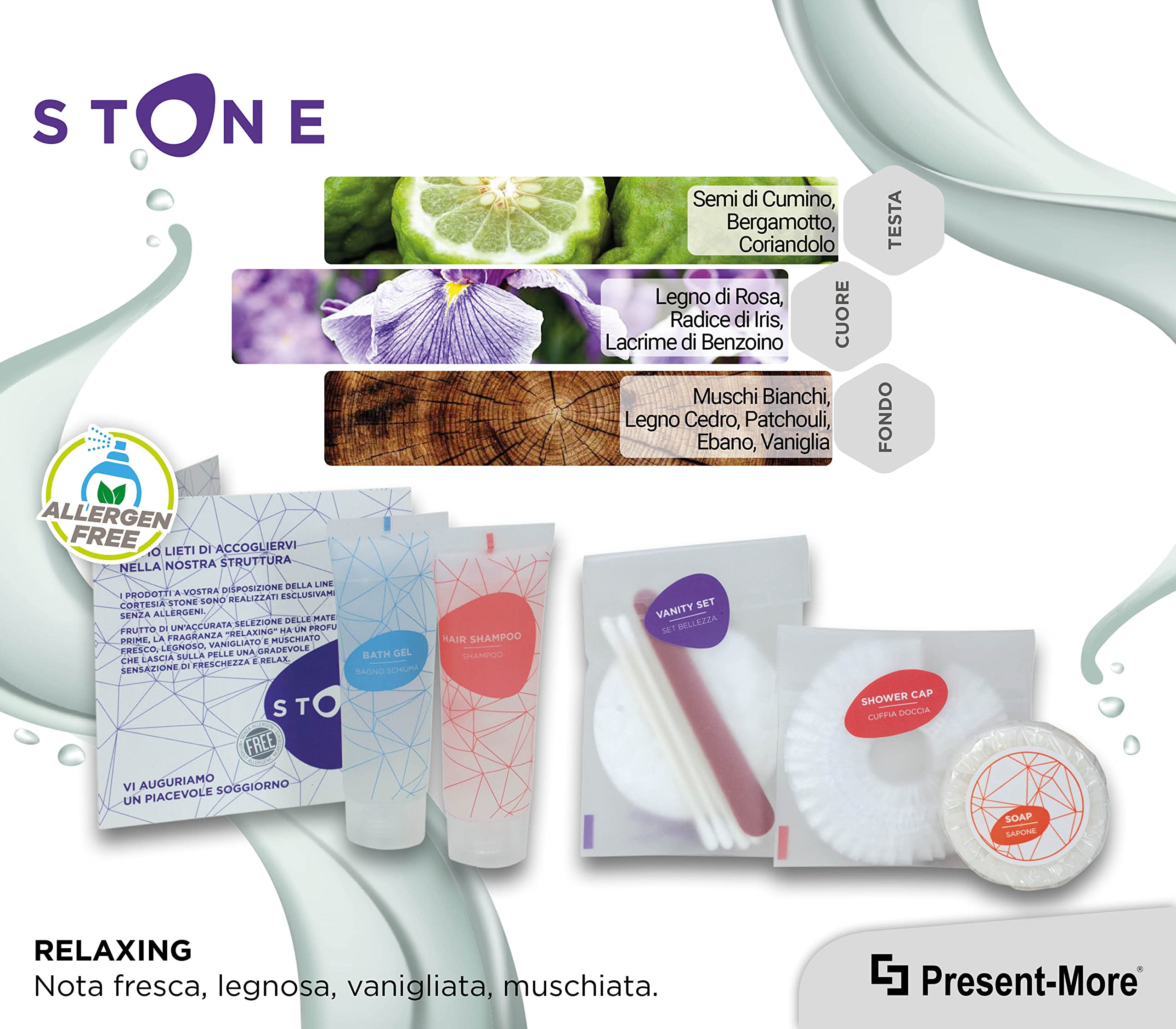 Present-More Amenities Kit Stone - Toilettenartikel 50 Gäste für Hotels und B&B | Allergenfreie Amenities Kit mit Duftnote Relaxing