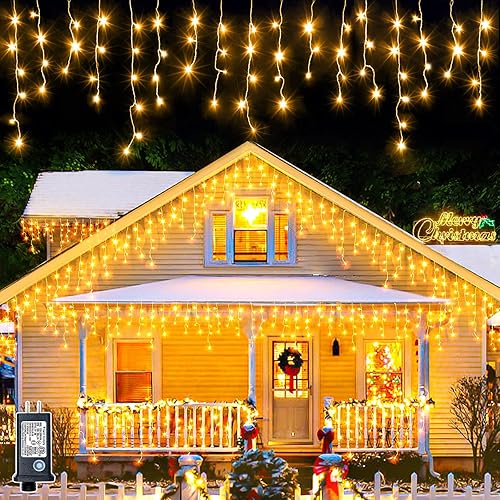 Miniatura 93 de Luces de Navidad de carámbano para exteriores, 33 pies, 400 luces LED de carámbano para exteriores con 75 gotas, luz de Navidad impermeable
