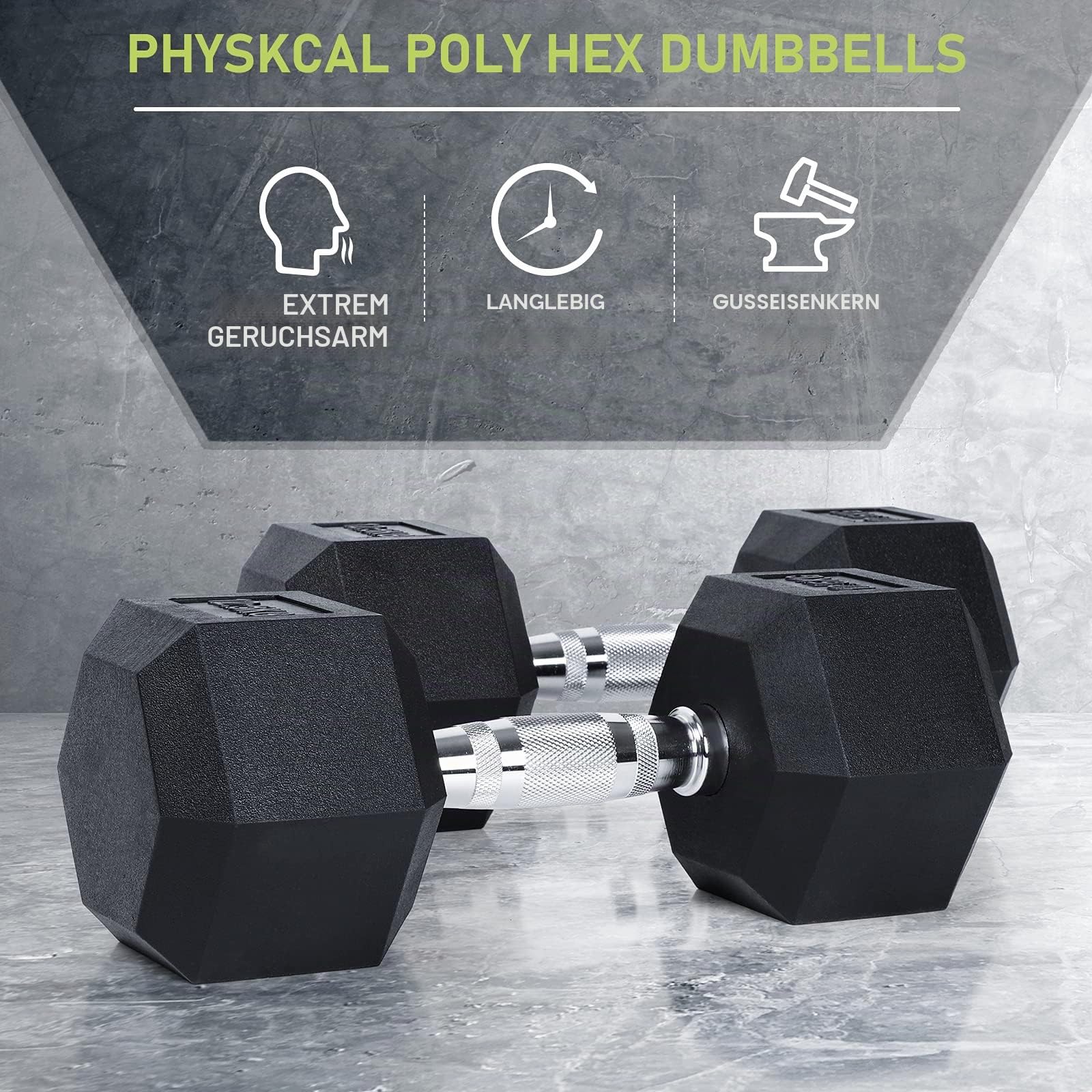 PhysKcal Hexagon Hanteln Poly-Gummierte | 2,5-30 kg | Rutschsicher Ummantelt | Ergonomische Verchromte Griffe | Kurzhantel-Set | Dumbbells Set
