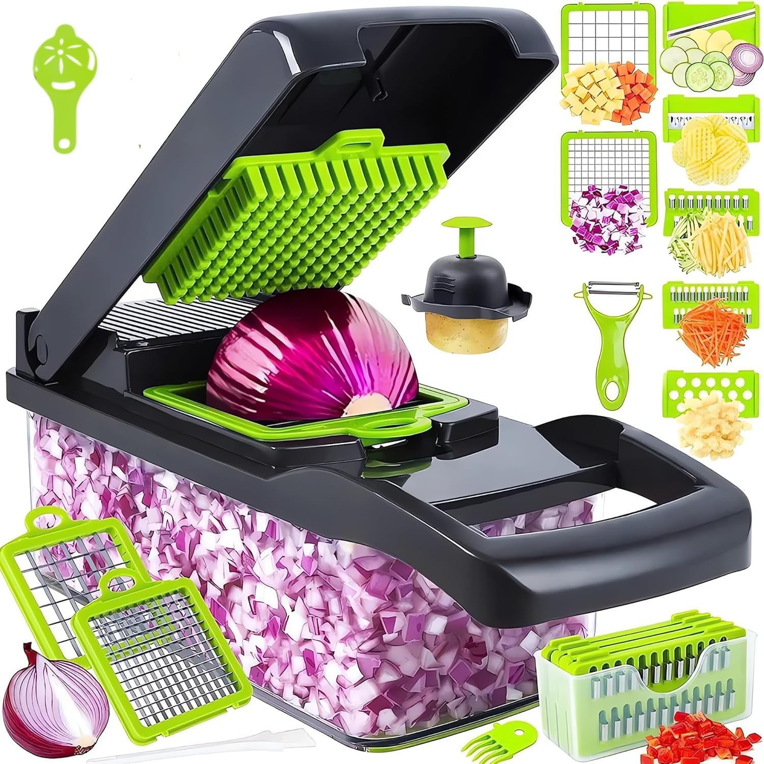 16-in-1 Vegetable Chopper & Slicer with Stainless Steel Blades and Storage Container Multi-Function Kitchen Cutter for Slicing, Dicing, Chopping, Grating, and Julienne BPA-Free & Easy to Clean-image-40