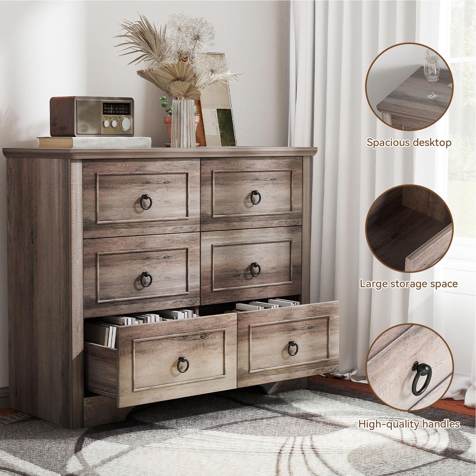 Comò con 6 Schubladen, Commode Holz, Schubladenschrank 102x40x85cm, Komodenschrank con Griffen und Kippsicherung, Cassettiera, Commode Grau per Schlafzimmer, Wohnzimmer