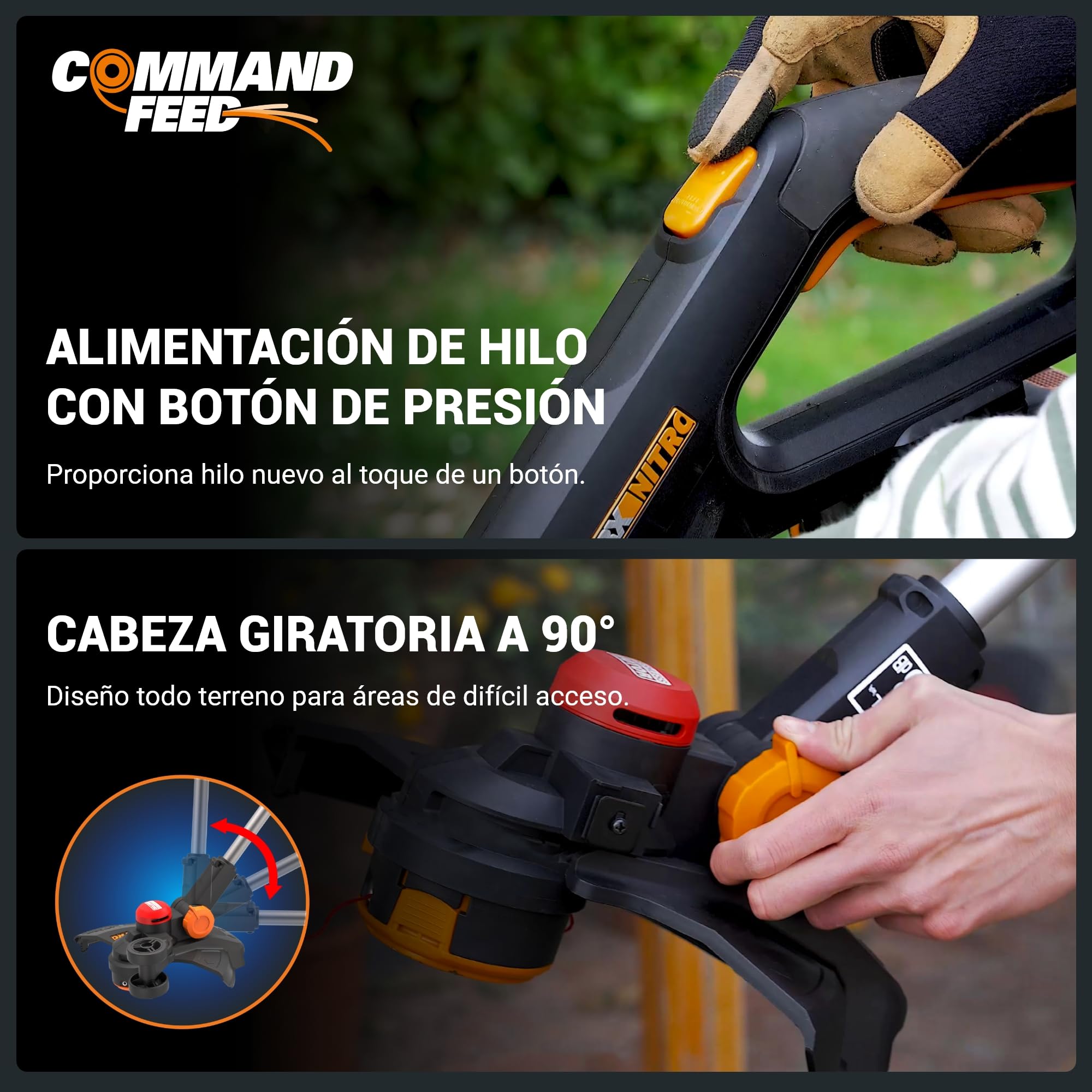 WORX Nitro WG173E.9 - Cortabordes con batería (20 V, Potente Motor sin escobillas, círculo de Corte de 33 cm, Comodidad de Uso Gracias al Mango de Goma, Compatible con PowerShare, sin batería ni