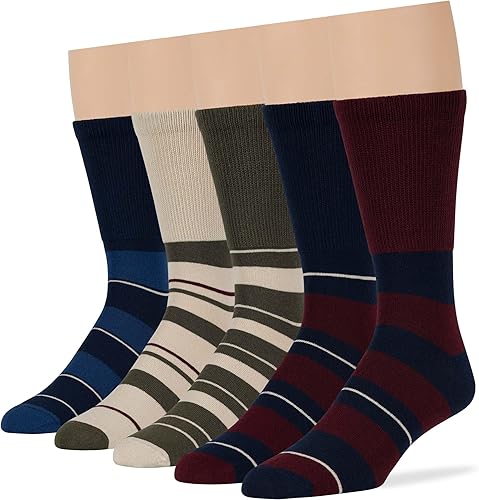 7BIGSTARS KINGDOM Men Diabetic Non-Binding Cotton Patterned Socks - 5 Pack LargeXL- Stripe Dot Black Brown Blue Beige