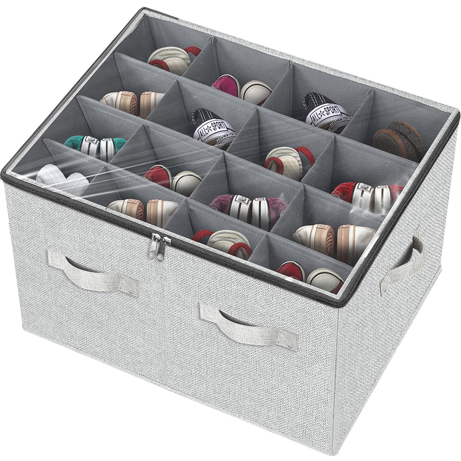 VERONLY Shoe Organizer for Closet, 16 Pairs- Large Shoe Box Storage Containers,Fabric Foldable Shoe Storage Bins with Clear Cover, Adjustable Dividers for Shoes, Gray
