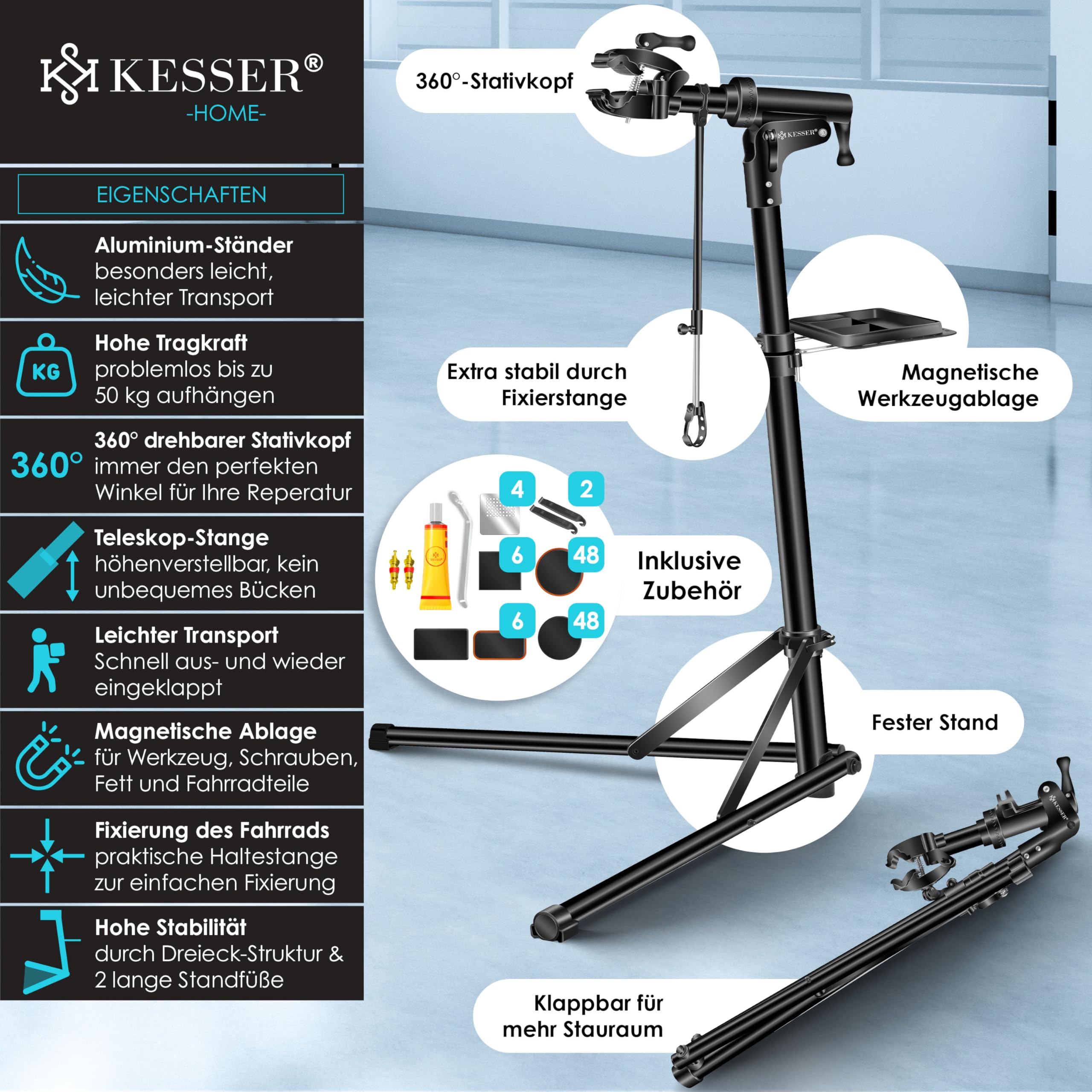KESSER® Soporte de Montaje para Bicicletas, Soporte de reparación Profesional de Aluminio para Bicicletas de montaña, Bicicletas eléctricas, Soporte de Montaje de Alta Resistencia