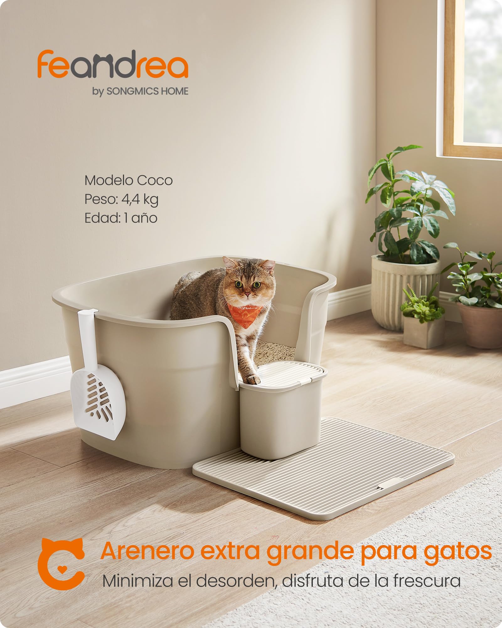Feandrea Caja de Arena para Gatos Grandes, Extra Gran Arenero para Hogar con Varios Gatos, Incluye Tabla Recogedora, Pala, Beige Capuchino PPT003K01
