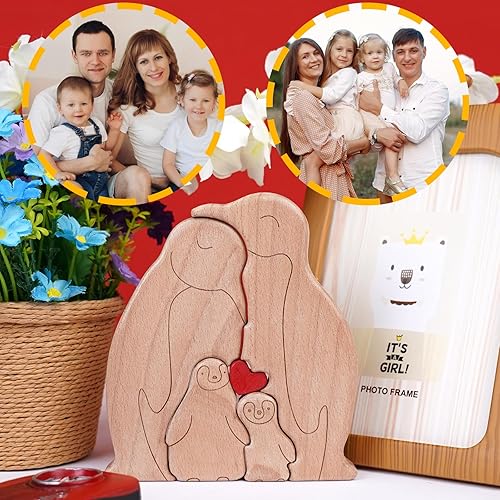 Miniatura 6 de Rompecabezas familiar de pingüinos de madera personalizado, rompecabezas de arte de madera con nombre personalizado con 1-5 apellidos, decoración