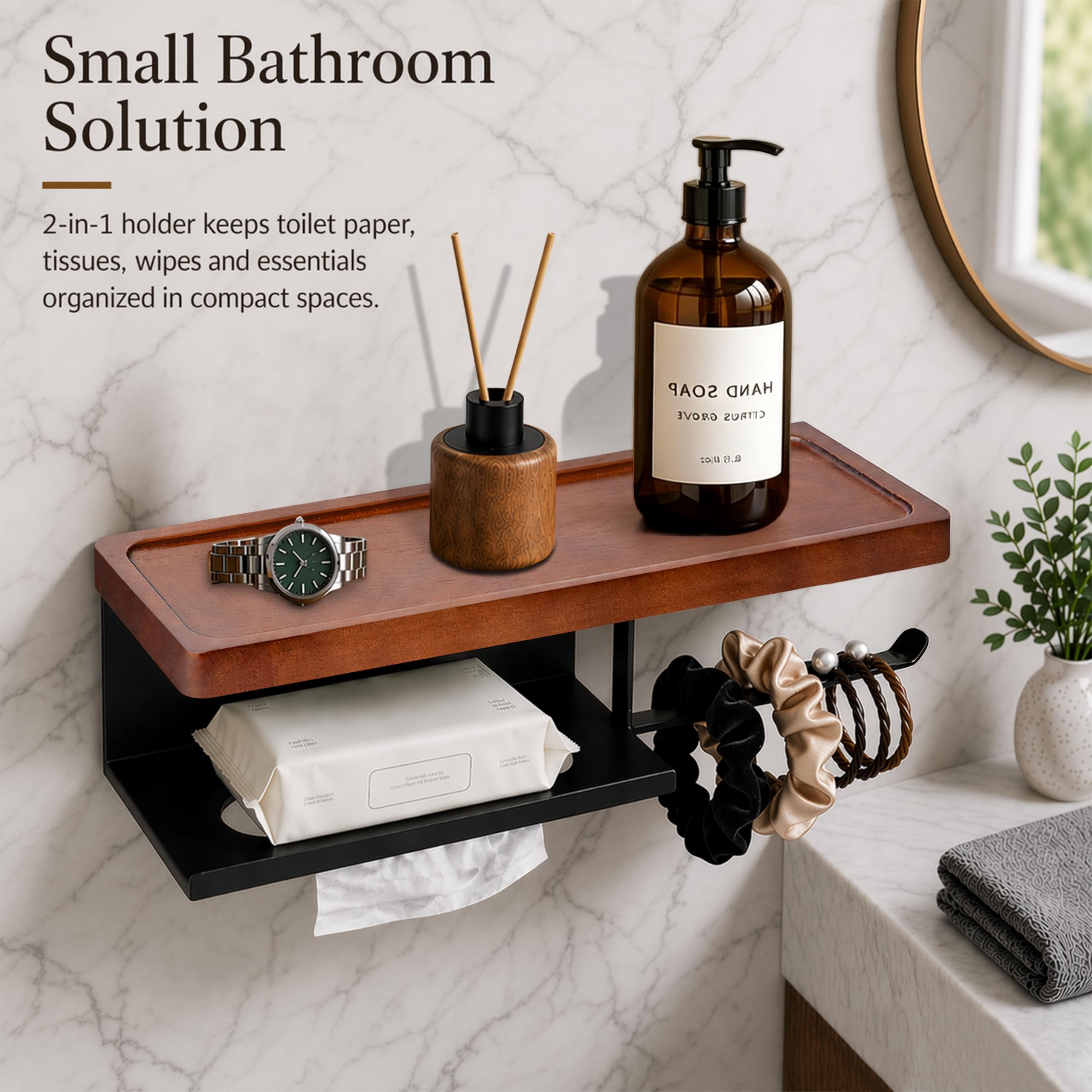 Wood Toilet Paper Holder with Shelf, Black Self-Adhesive Wall Mount — Amazon image 2