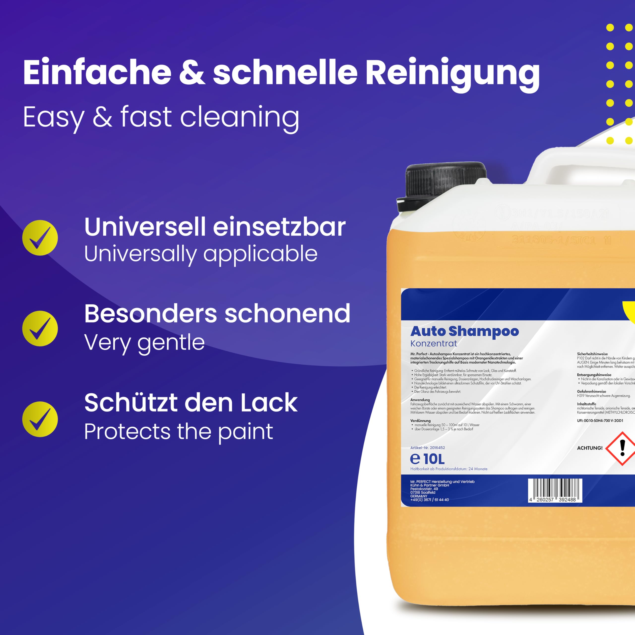 Mr. Perfect – Autoshampoo Konzentrat im praktischen 2x10L Kanister | Autoshampoo für Hochdruckreiniger und Waschanlagen | Autoreiniger mit Abperleffekt