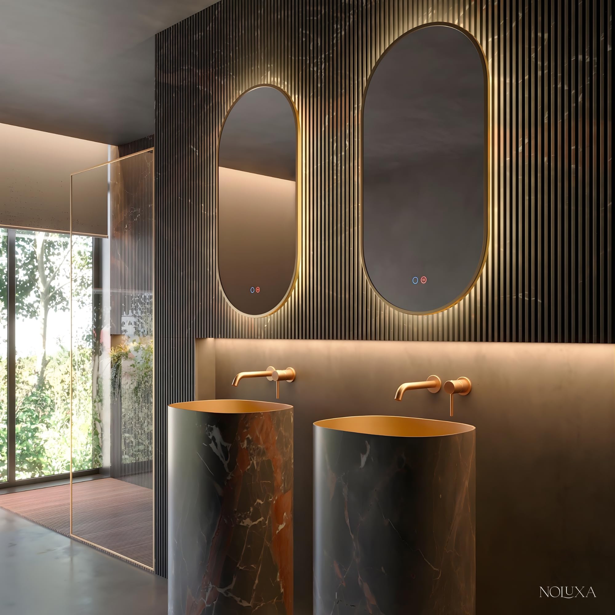 NOLUXA LEDIMEX - Espejo 50x90cm Retroiluminado Baño Dorado con Luz LED y Antivaho | Espejo Inteligente Ovalado Triled (Cálida, Neutra y Fría) y Sensor ON/Off | Serie Tokyo | Color Oro Cepillado